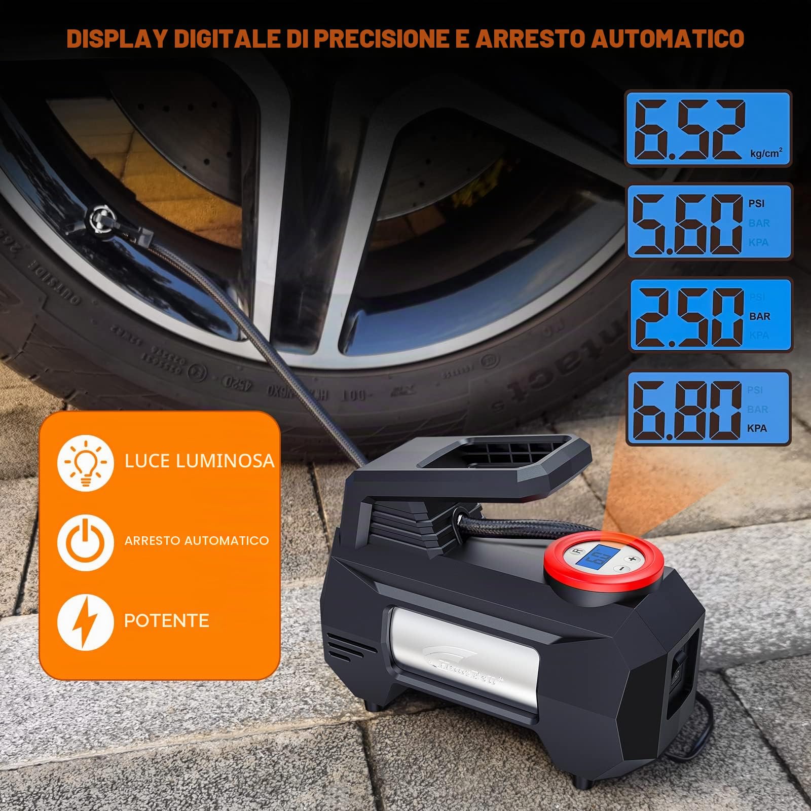 Compressore d’Aria per Auto HAUSBELL 12V, Gonfiatore Digitale 150 PSI con Spegnimento Automatico, Luce LED di Emergenza, Adattatori Valvola – Accessorio Portatile per Gonfiaggio Rapido (Nero)