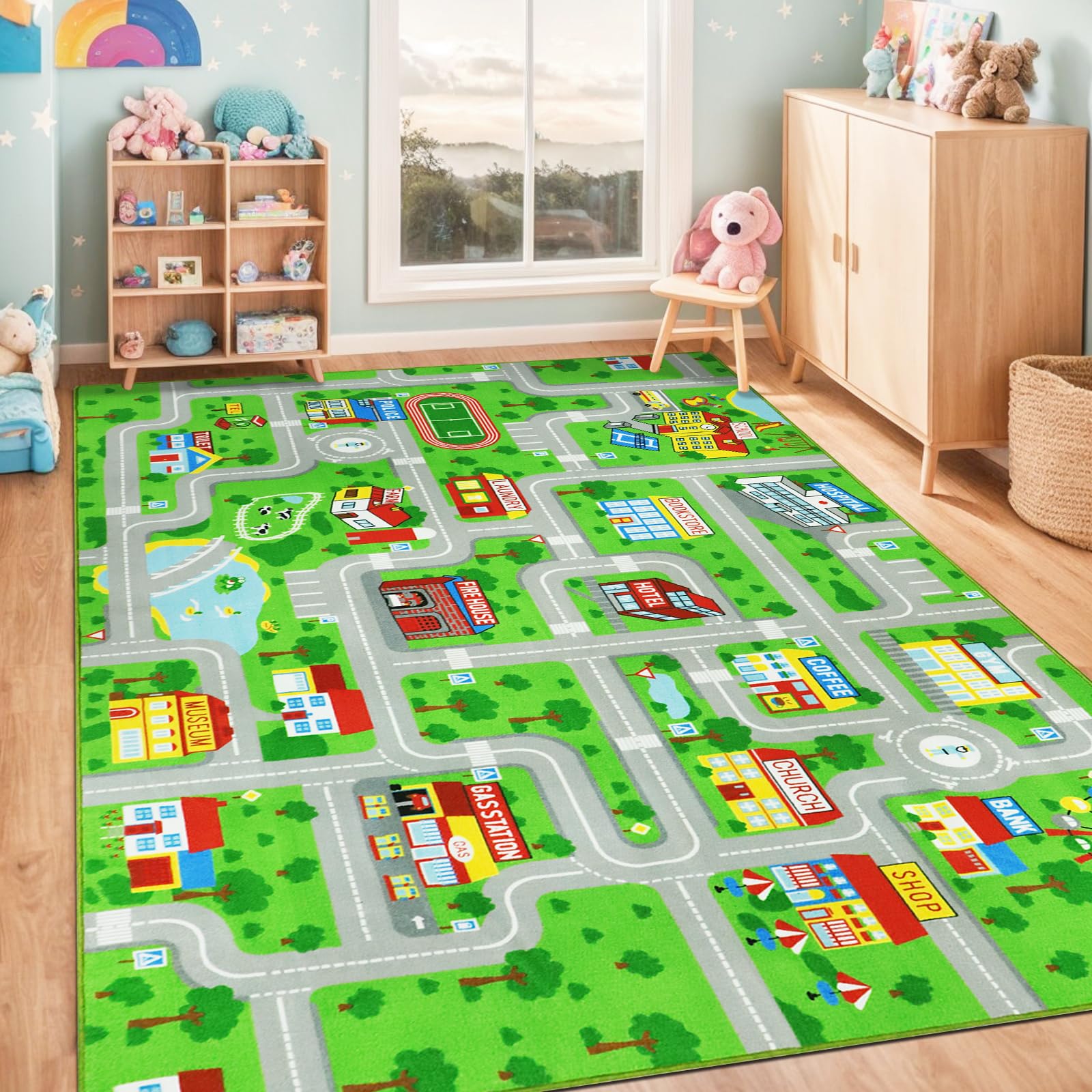 Kids Carpet Playmat Rug 6'6''x9'8'', Kids Rugs for Bedroom, Non-Slip Town City Road Map Car Rugs for Kids Toy Cars, Track Carpet Play Rug for Playroom