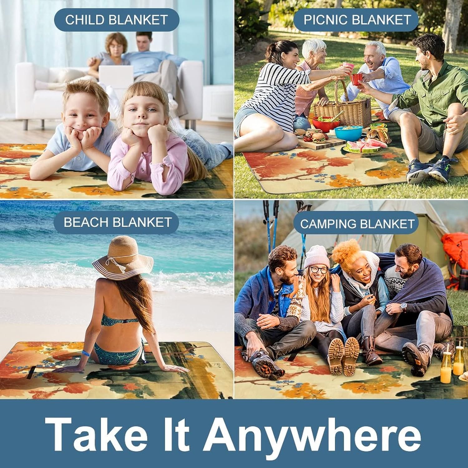 Rustic Japanese Bird PortableAnd Extra Large Picnic & Outdoor Blanket Retro Ink Japanese Landscape Beautiful Birds for The Beach Camping on Grass Waterproof Sandproof 58.3x58.3 Inch