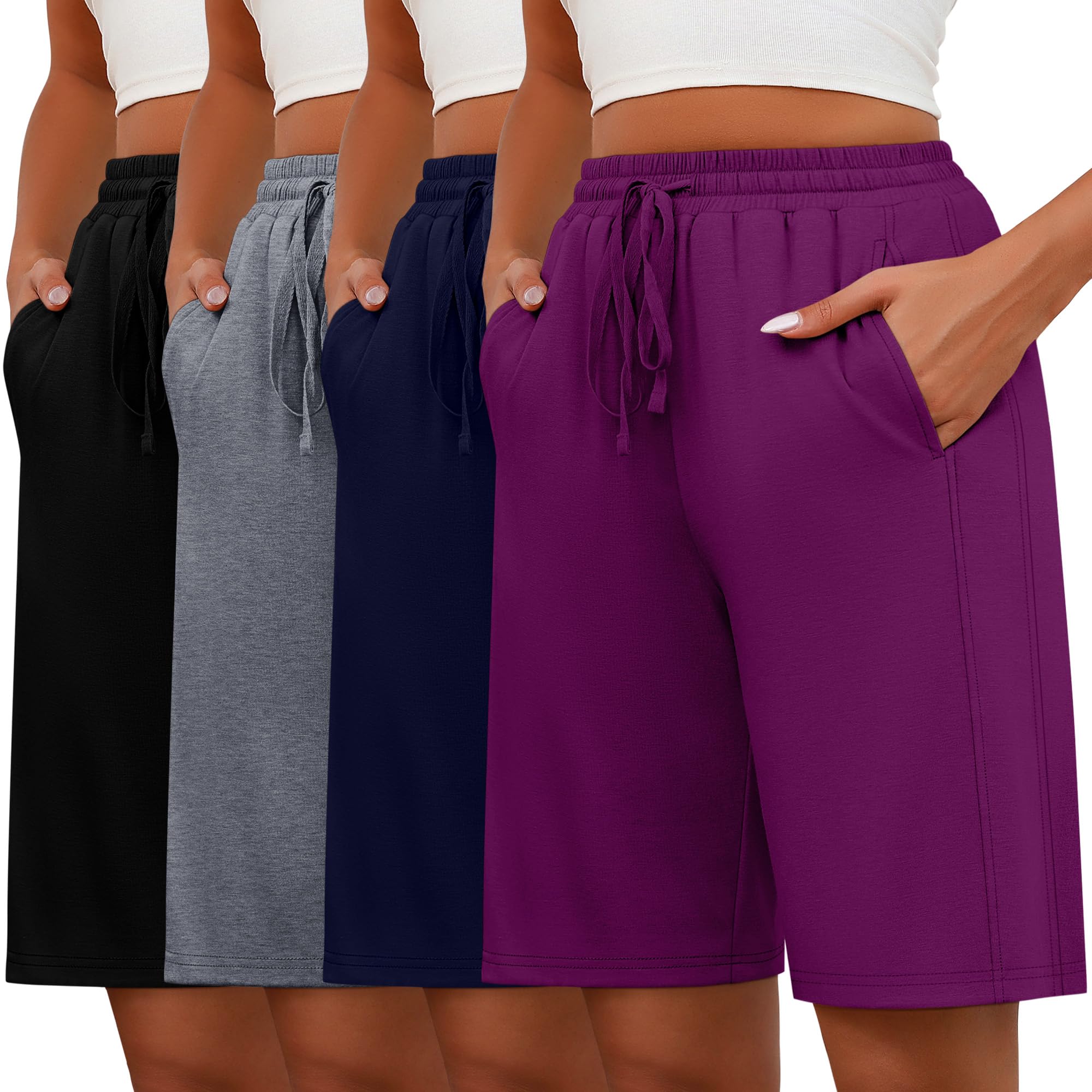 Geyoga Lot de 4 Bermudas pour Femmes, Taille Élastique avec Cordon de Serrage, Jambes Larges et Jambes Longues.
