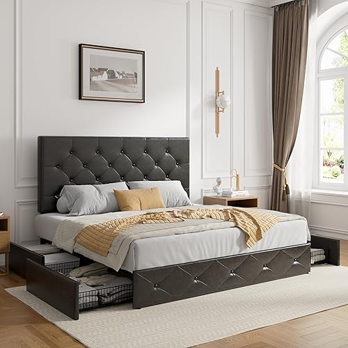 SHA CERLIN Base de cama tapizada de plataforma Queen con 4 cajones, cabecera ajustable con diseño de botón de diamante de piel sintética, soporte de