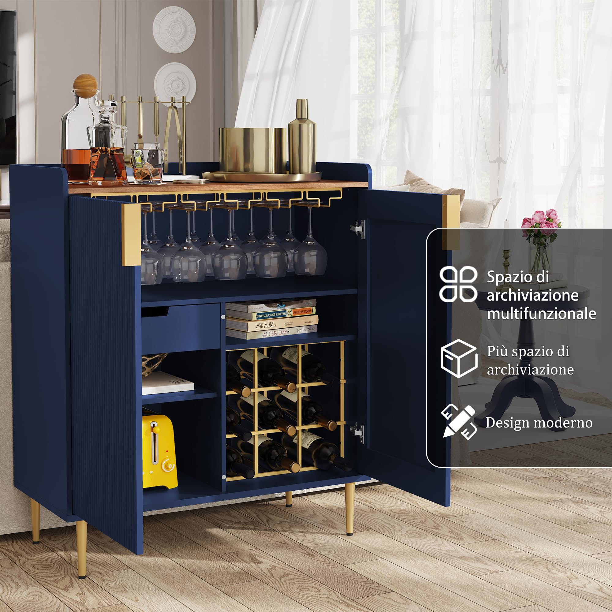 HOLTICO Credenza Moderna, Armadietto per Vino e Mobile per Caffè, Arredo Elegante Multifunzionale con Colori Esclusivi per Cucina, Sala da Pranzo e Soggiorno, Blu Scuro Elegante
