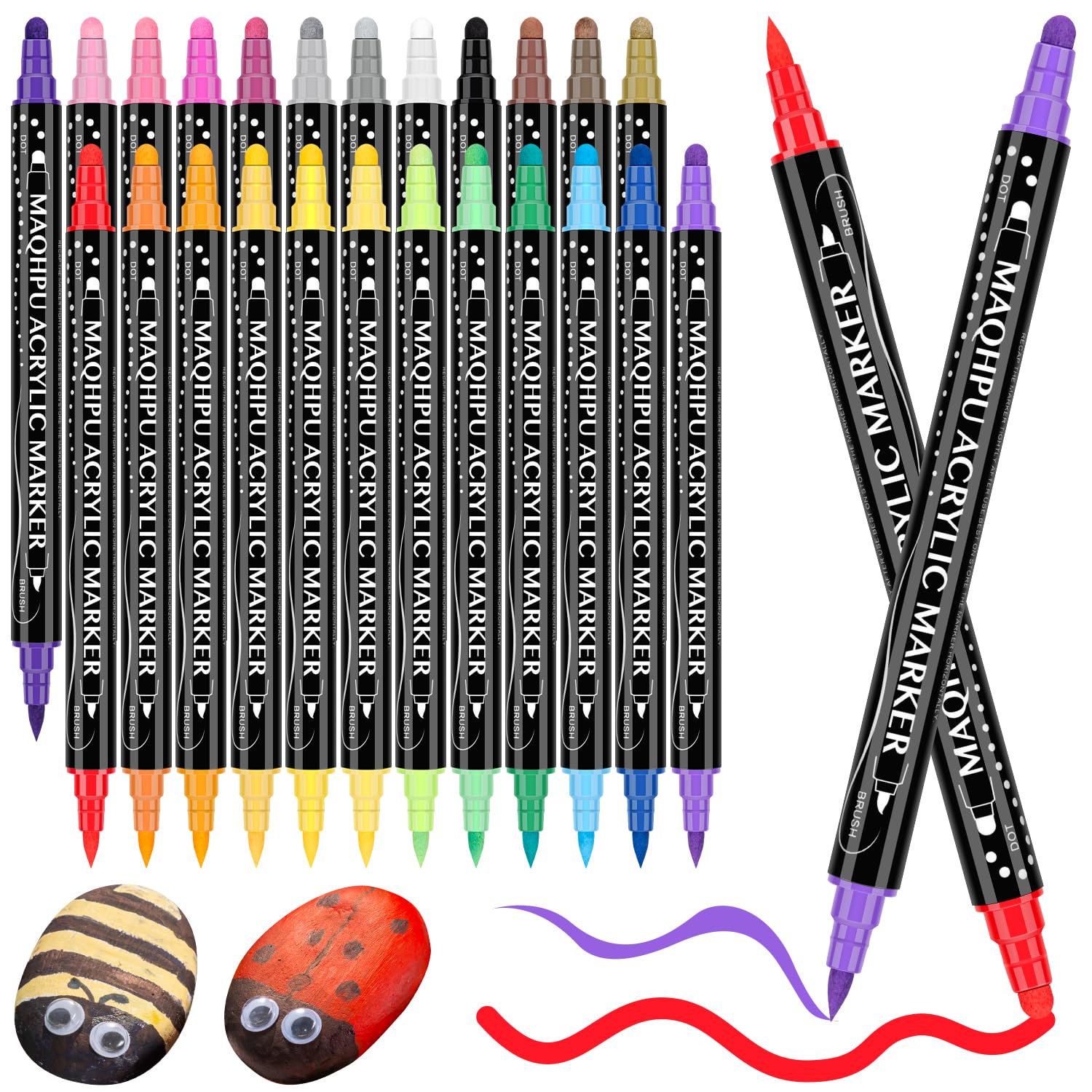 Maqhpu Rotuladores Acrilicos, 24 Colores Rotuladores Acrilicos Permanentes Doble Punta(Punta Pincel y Redonda), Rotulador Acrilico para Piedras, Cristal, Madera, Cerámica, Plastico