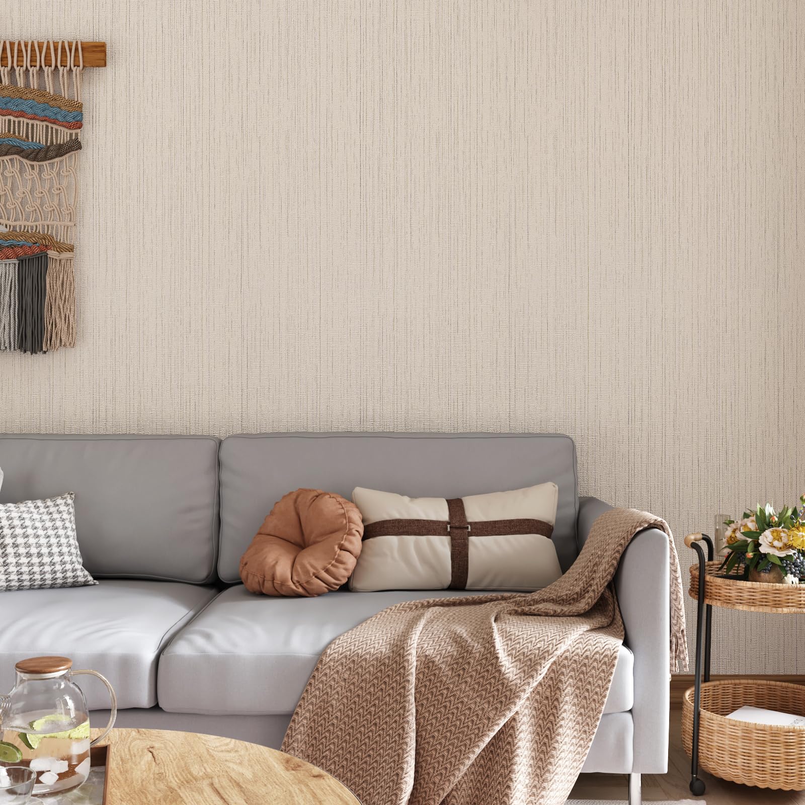 CRE8TIVE Carta da Parati Adesiva Lino Beige Muro Tessuto Non Tessuto Pellicola Adesiva per Mobili Cucina Camera da Letto Soggiorno 30cm x 200cm