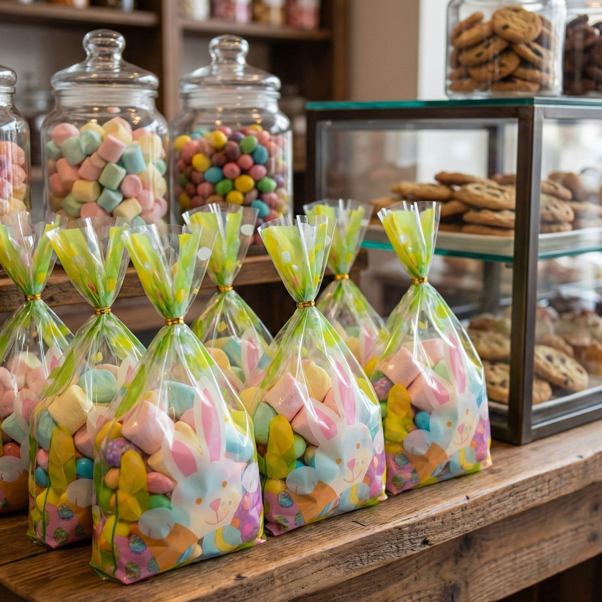 Restaurantware Bolsas de dulces Bag Tek de 5 x 3 x 11 pulgadas, 100 bolsas de dulces impresas con fuelle – Conejo de Pascua, lazos giratorios se venden por separado, bolsas de plástico para caramelos
