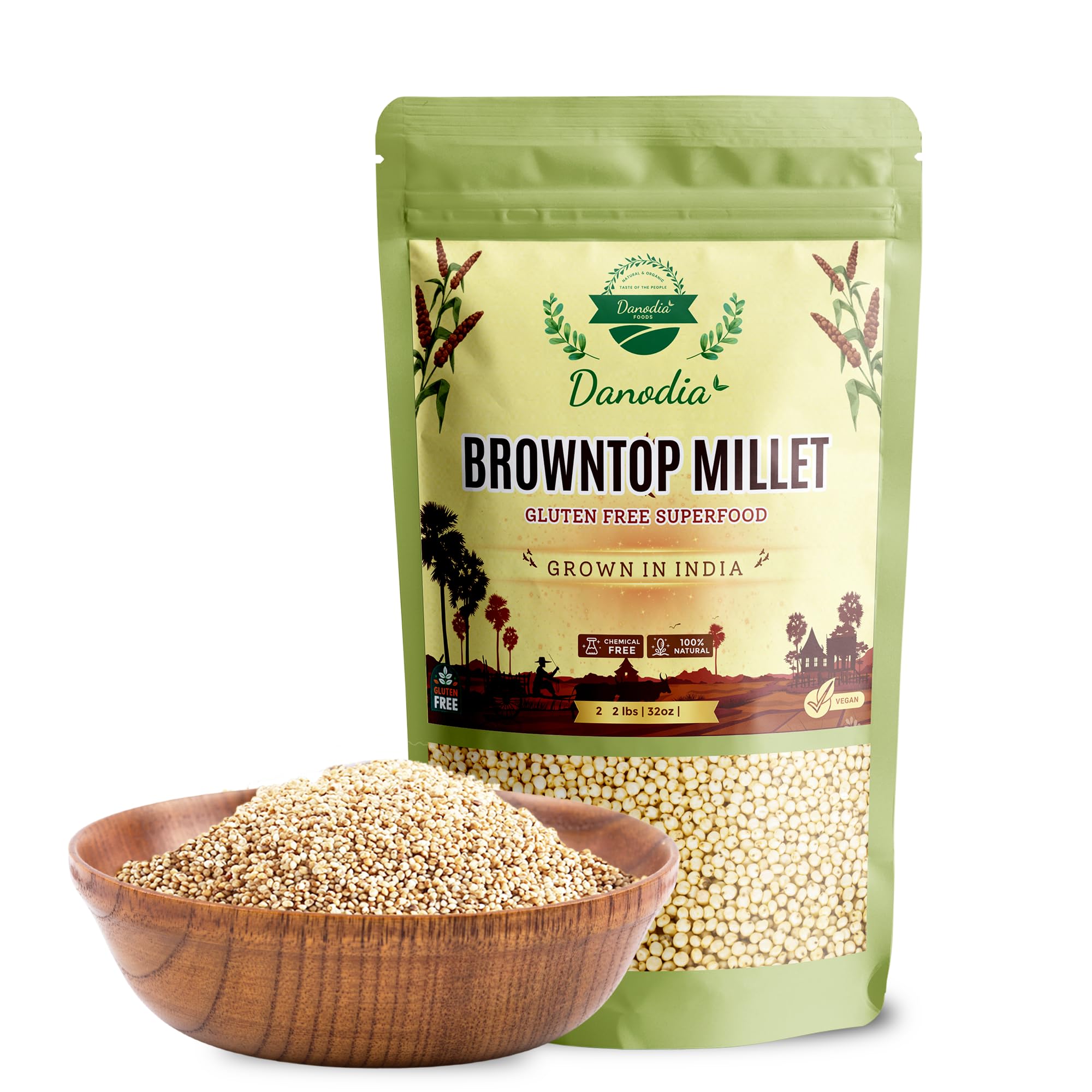 Danodia Foods Browntop Millet, Unpolished, Natural & Gluten-Free Whole Grain Superfood, 2 lbs (950g), Plant-Based, Grown in India