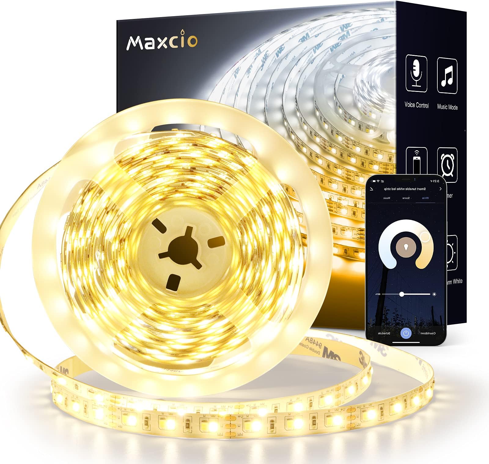 Maxcio Alexa LED Strip Light White 5M, WiFi Tunable White Light with App Remote, Smart Warm White to Cool Daylight Strip Work with Alexa/Google Home, Stick-on LED Light for Wall Kitchen Mirror etc