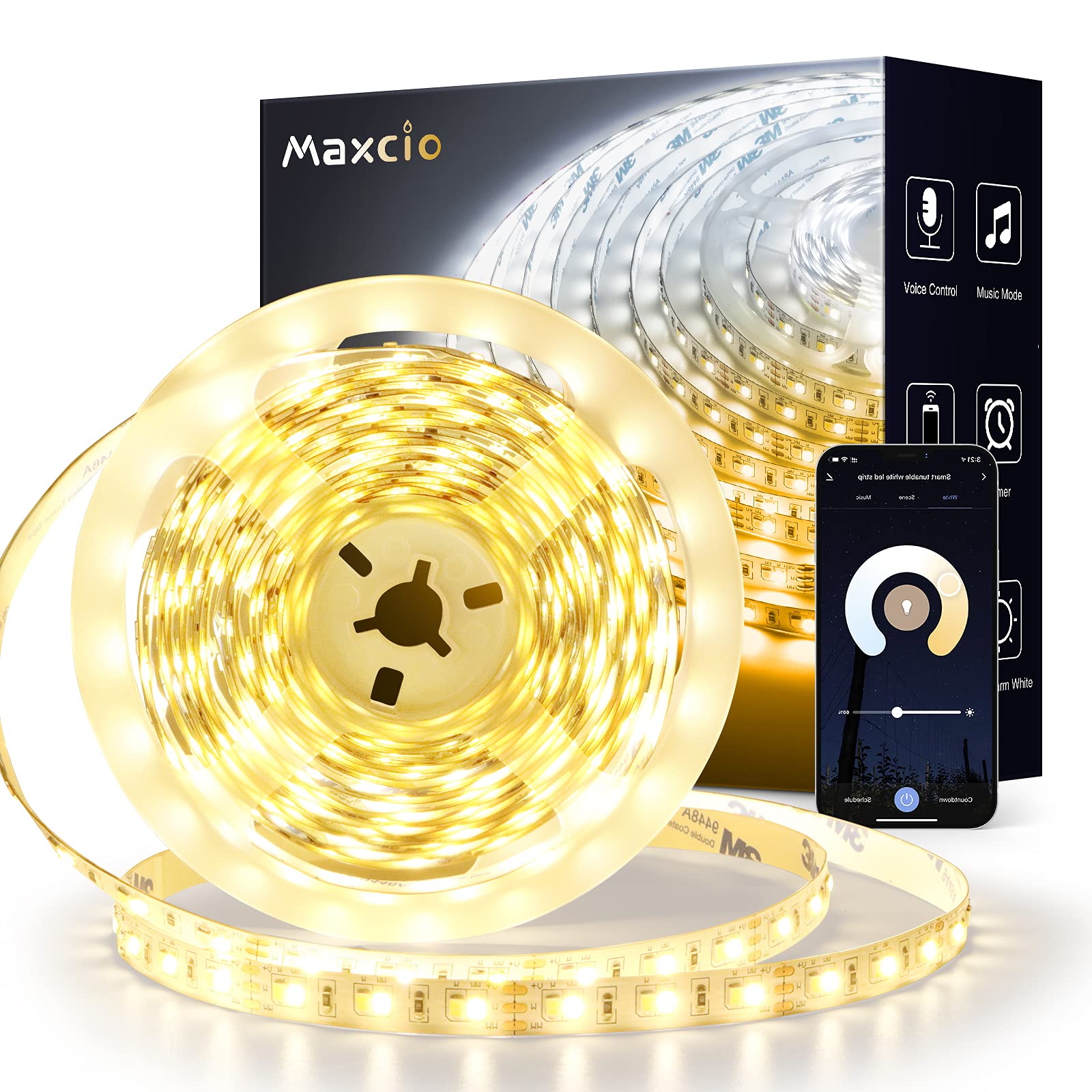 Maxcio Alexa LED Strip Light White 5M, WiFi Tunable White Light with App Remote, Smart Warm White to Cool Daylight Strip Work with Alexa/Google Home, Stick-on LED Light for Wall Kitchen Mirror etc