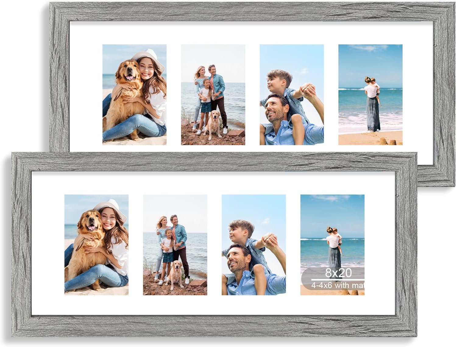 8x20 Picture Frame Set of 2, Rustic Gray Wood Frame with Tempered Glass Collage Frame, Display Pictures Four 4x6 With Mat or 8 x 20 Without Mat - Horizontal or Vertical Wall Mounting 8x20 in matted to 4-4x6 Grey
