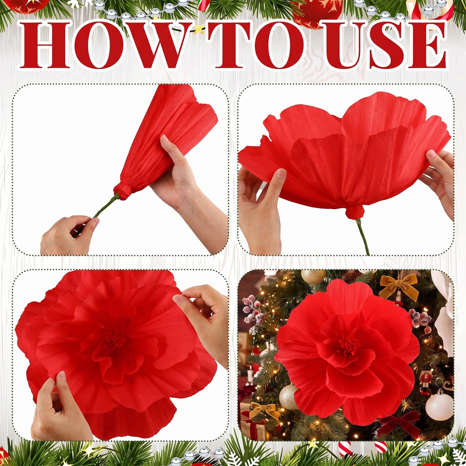 Crtiin Lot de 9 grandes fleurs de poinsettia en papier crépon pour décoration de sapin de Noël, couronne de Noël, décoration murale d'intérieur (rouge)