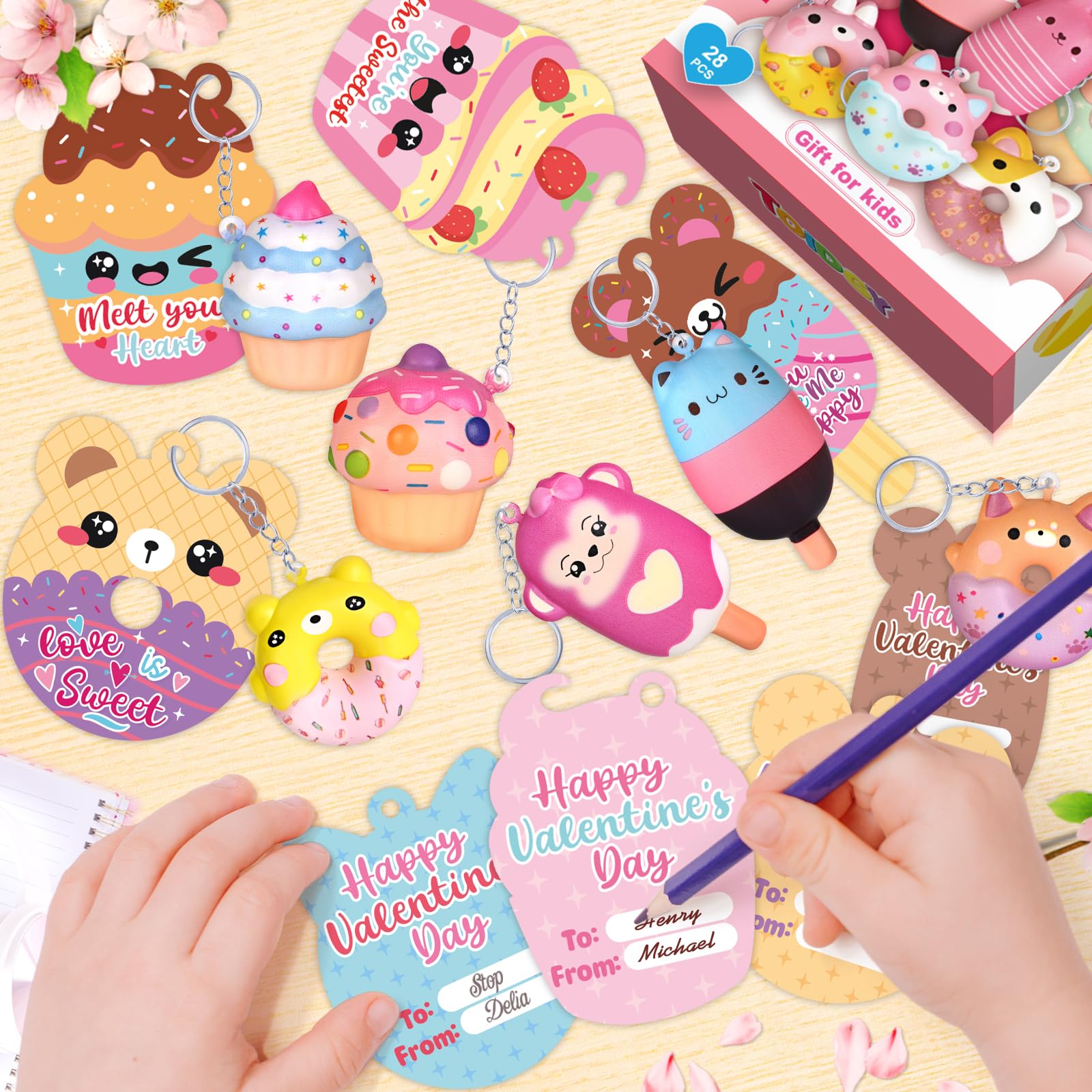 Toidgy 28 Pack Valentines Day Gifts for Kids, Valentines Cards for Kids Classroom Exchange Gift with Dessert Squishy Toys Keychains, Valentines Party Favors and Prizes for Boys Girls