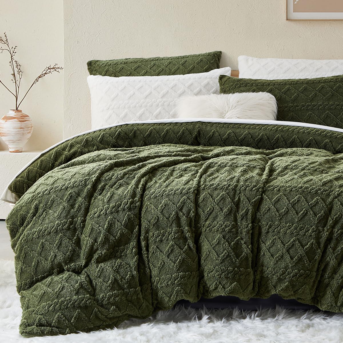 Freyamyfluffy Duvet Cover Set King Size Dark Green Warm Teddy