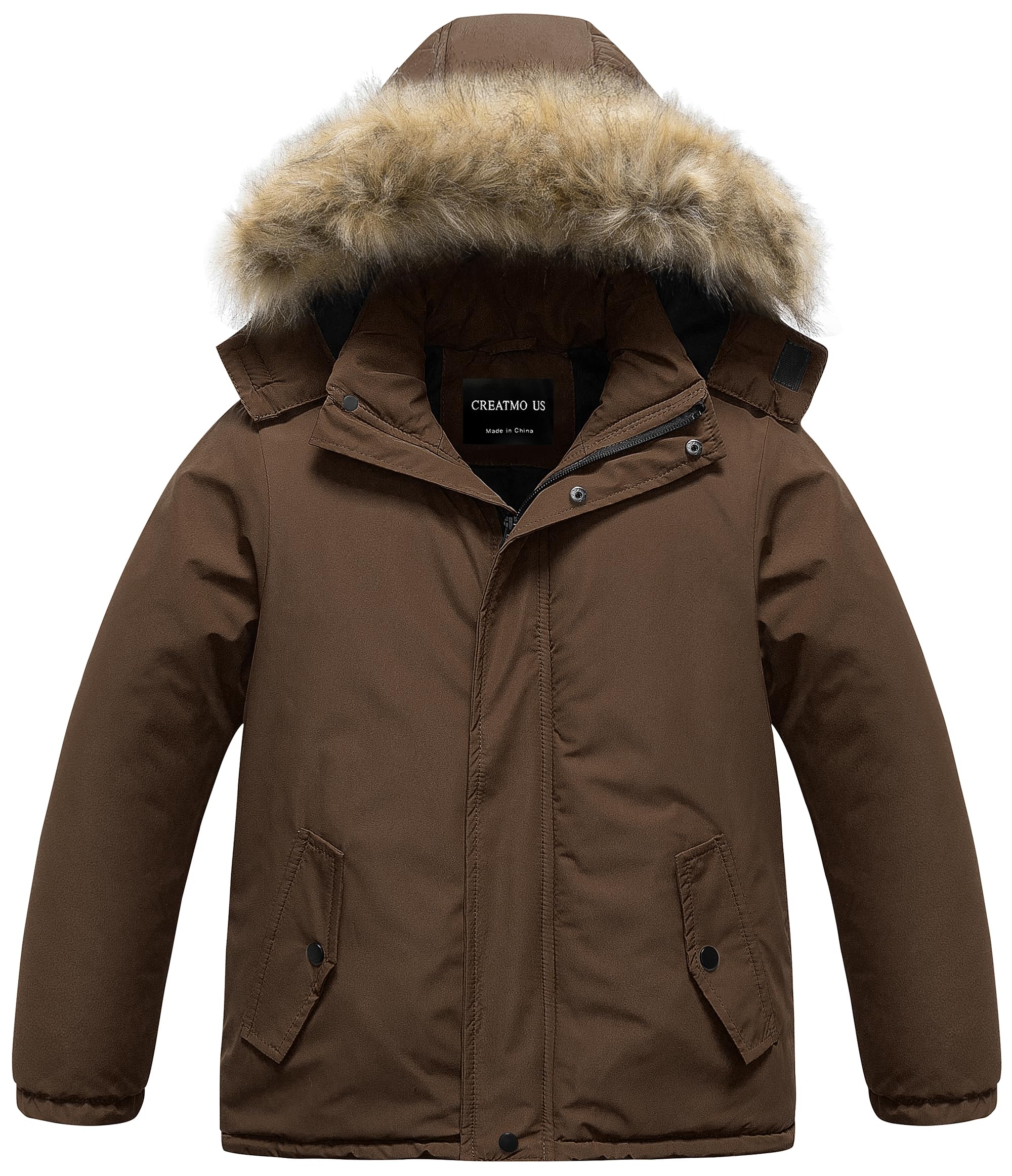 CREATMO US Boys' Waterproof Snow Coat Parka Windproof Winter Jacket With Detachable Fleece Hood