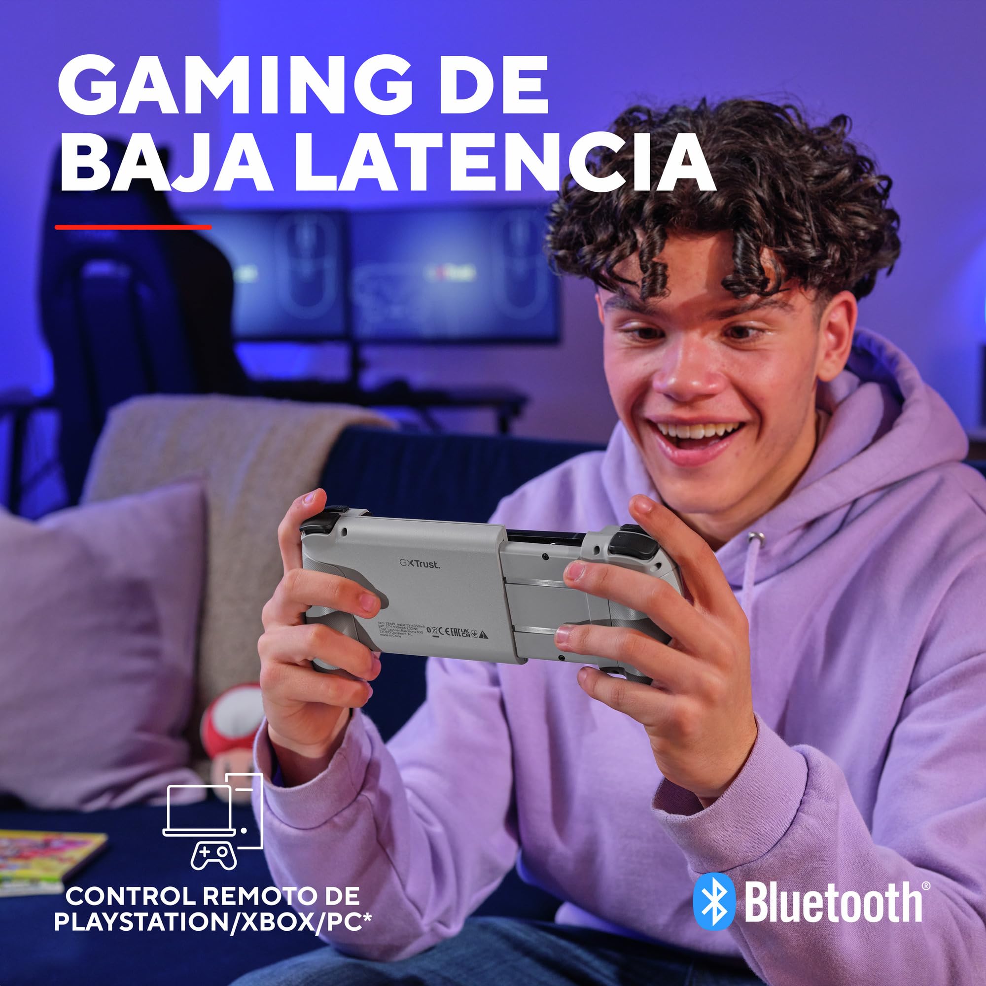 Trust GXT 735G Mylox Mando para Móvil Bluetooth, Iphone/Android / PS5 / Xbox, 12h de Juego, Doble Vibración, Iluminación LED RGB, Gamepad Inalambrico para Movil, Accesorios Gaming, Gris