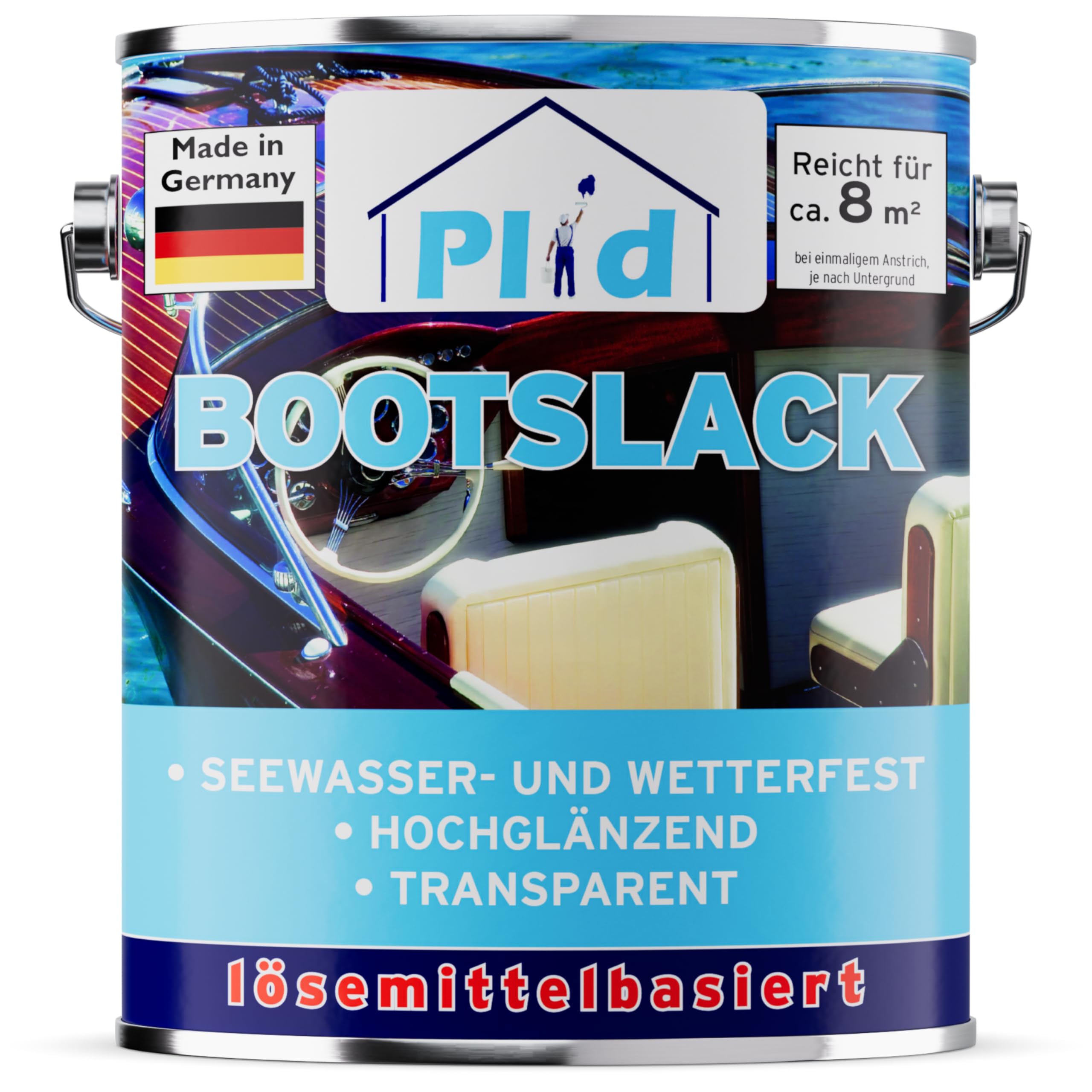 PLID® Bootslack Farblos Glänzend für Holz - Klarlack Holz Wasserfest - Küchenarbeitsplatte lackieren - Lack für Parkett, Treppen, Gartenmöbel und Theken - Holzlack Yachtlack - Made in Germany 0,75l
