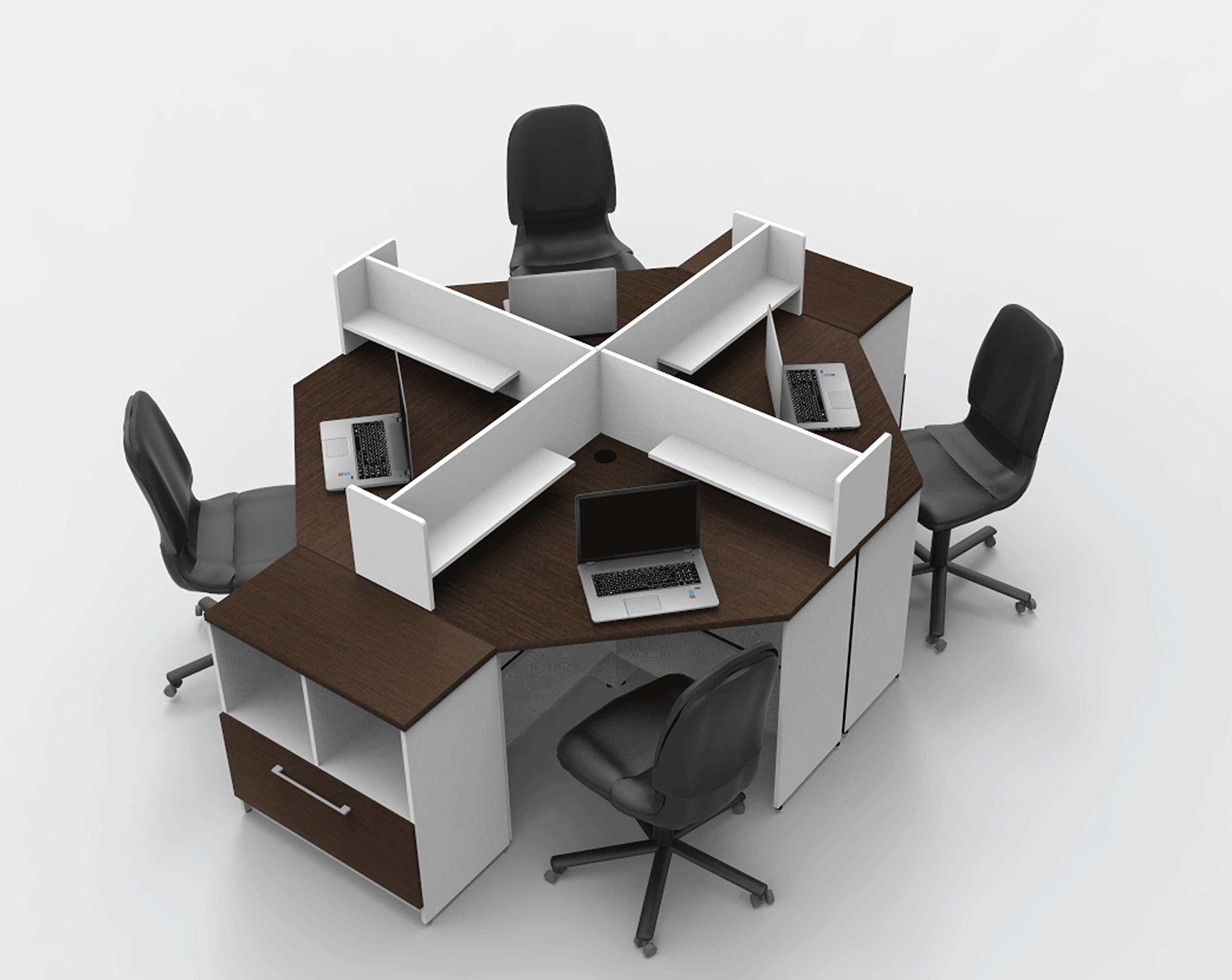 4 Person Office Reception Desk Reception Corner Collaboration Furniture Model 4336 10 Pc Group Contemporary White/Espresso Color.