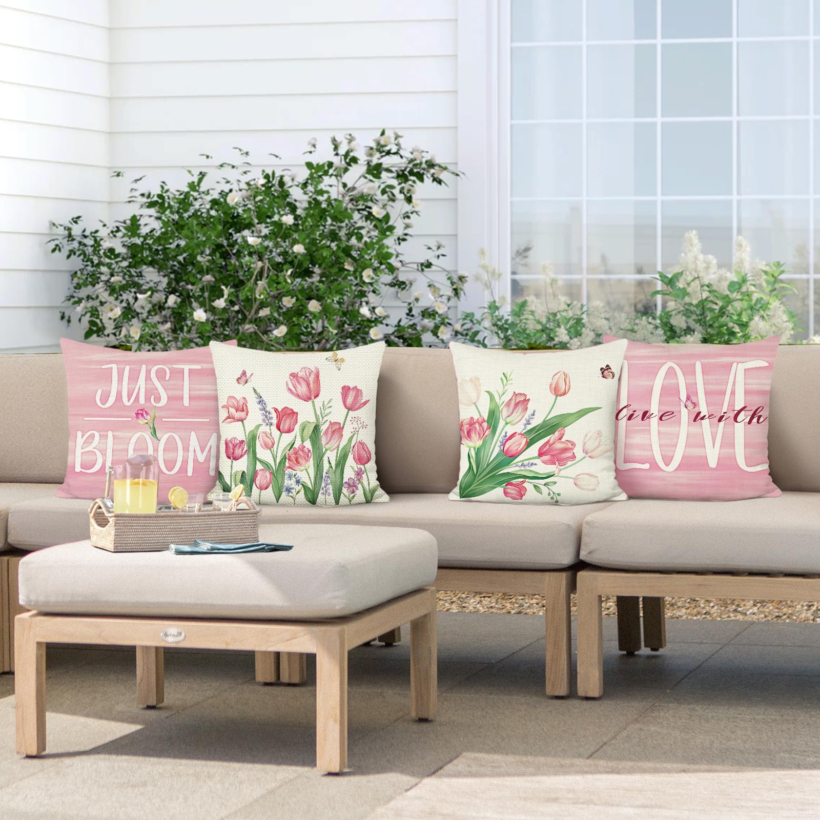 Bonhause Set van 4 kussenslopen, zomerbloemen, 45 x 45