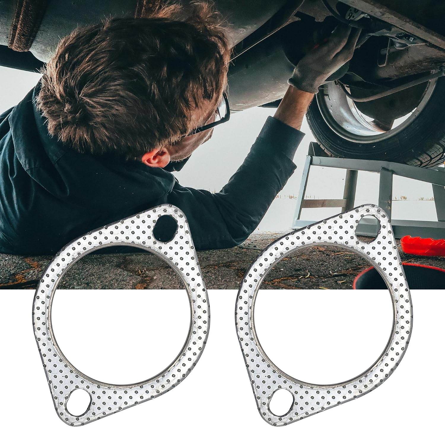 3 Inch 2 Bolt Exhaust Gasket for Muffler Flange Manifold High Temperature Graphite w/Fire Ring 77mm ID 2 Pcs