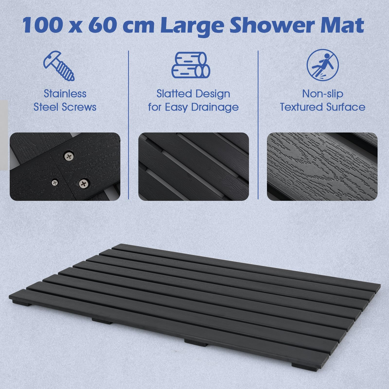 SOARS Tapis de Douche Antidérapant, Caillebotis Extérieur & Intérieur 100 X 60 CM, Matériau WPC Imperméable et Robuste, Finition Effet Bois, Charge 150 KG, pour Salle de Bain, Piscine, Entrée, Noir