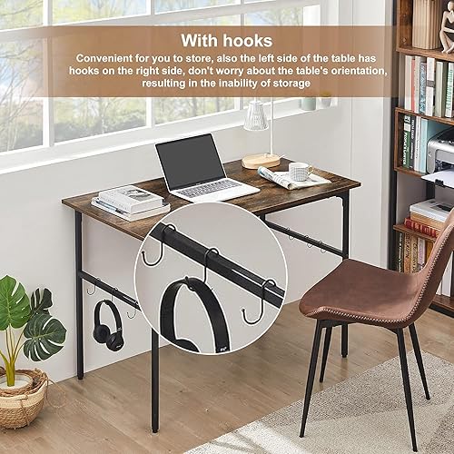 Miniatura 5 de VECELO Escritorio de madera estable para computadora de 44 pulgadas, 6 ganchos, pies ajustables, escritorio de madera para el hogar, dormitorio,