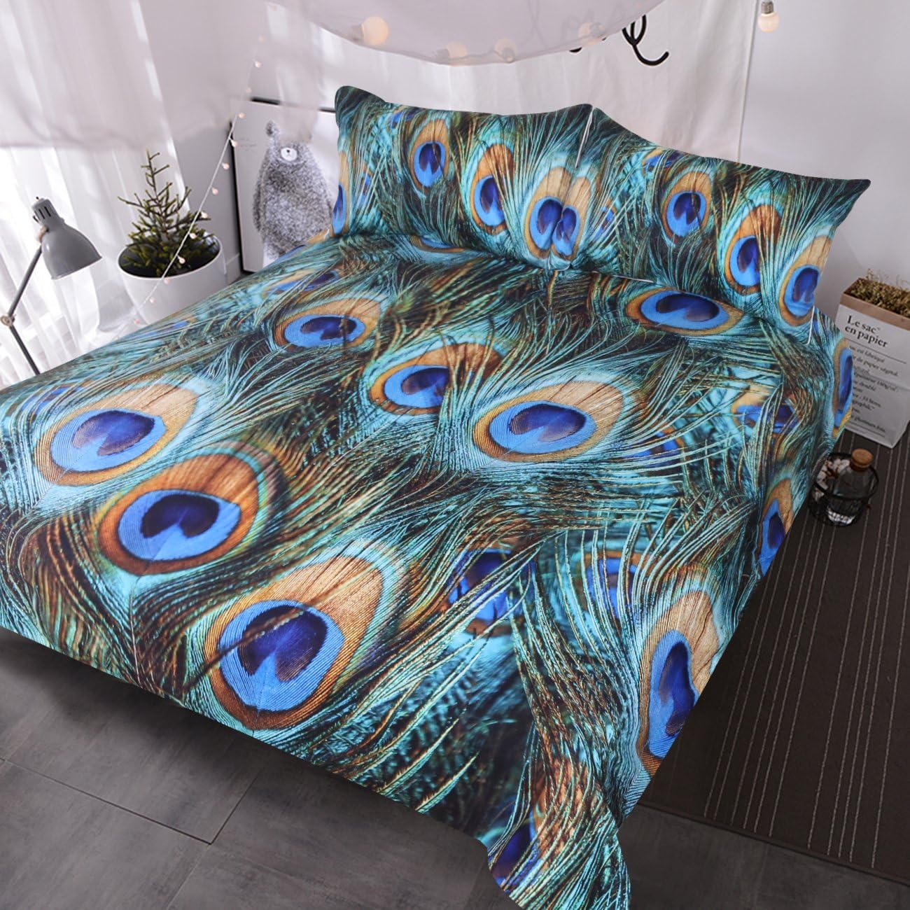 Blessliving Peacock Feathers Peacock Feather Bed Set 3 Piece Aqua Blue Turquoise Duvet Cover Fantasy Sparkly Bedding Bird Bedspread (Double)