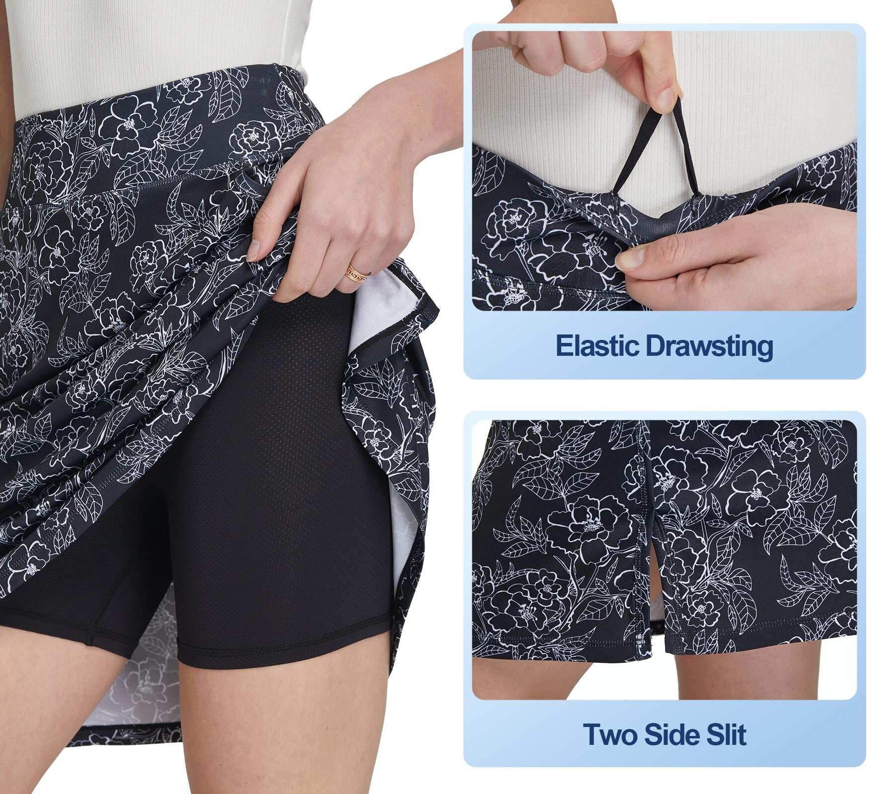Faldas Deportivas Mujer Skort hasta la Rodilla Falda con Pantalones Debajo Falda de Senderismo con Bolsillos Ropa B-Flores Negro M