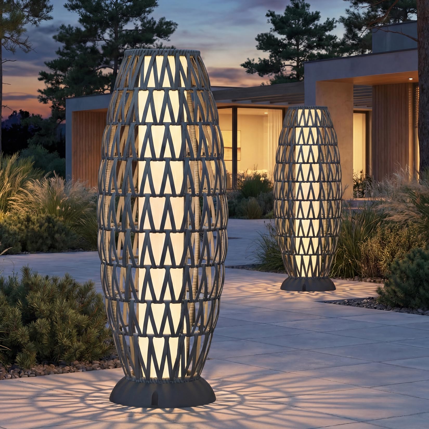 Solar Yard Outdoor Floor Lamp 2-Pack 29" Wicker Boho Lantern, Silver Black