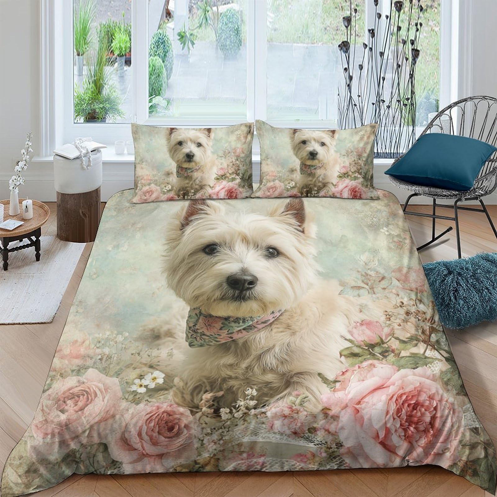 GPLZQXKJNH 3D Printed White Terrier Dog Duvet Cover Microfiber Floral Rose Bedding Set with 2 Pillowcases for Bedroom Home Single（135x200cm）