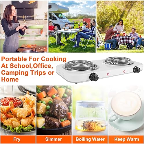 Miniatura 7 de Quemador de encimera, quemador eléctrico doble de 2000 vatios, placa de cocina con 5 controles de temperatura, pies de goma antideslizantes, estufa