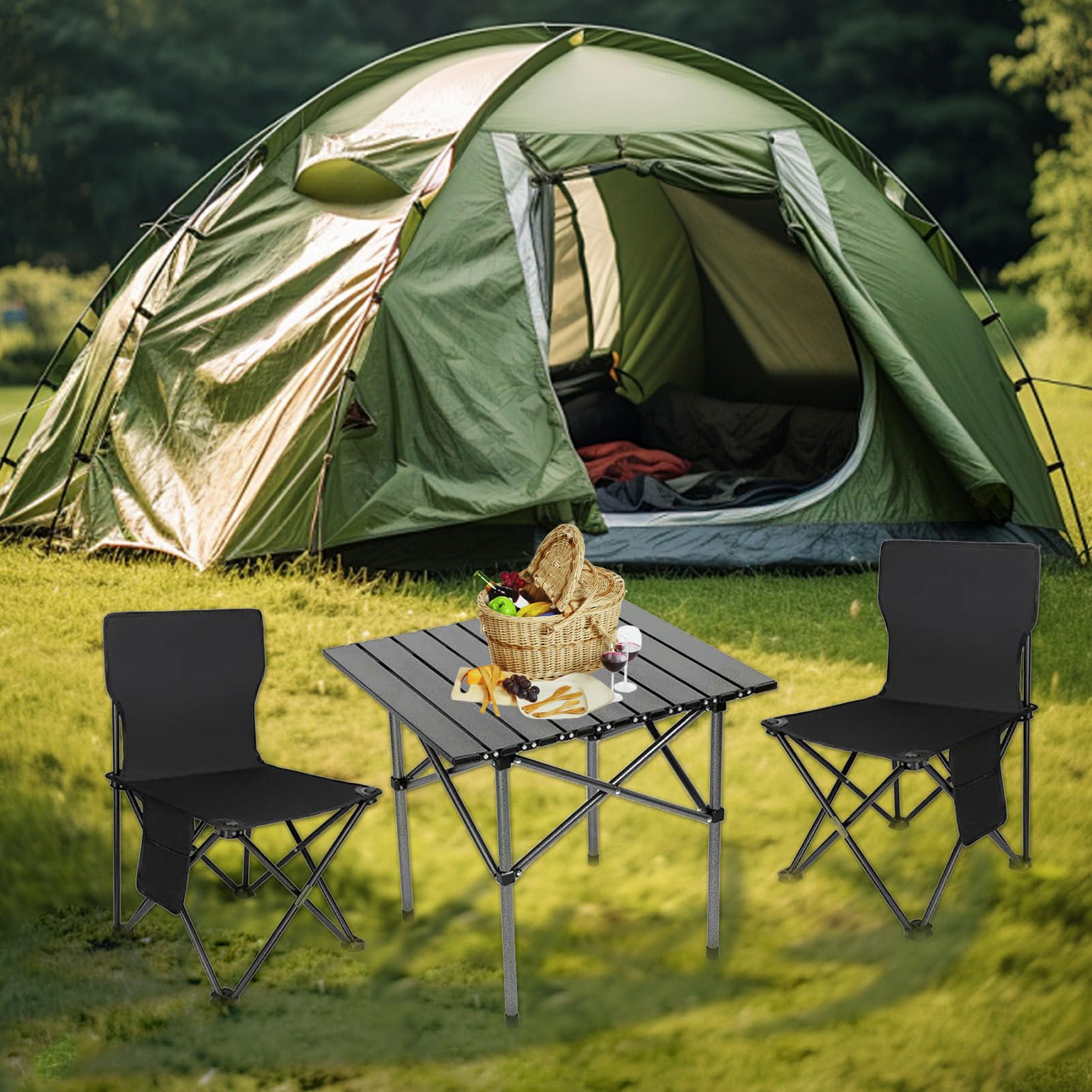 Table Camping Pliante, 3 Pièces Tables Et Chaises Extérieur, Table Pique Nique Légères Et 2 Chaises Pour La Randonnée, Chaise De Plage, Portable, étanche Pour Voyages, Plage, Pelouse, 53x51x50cm