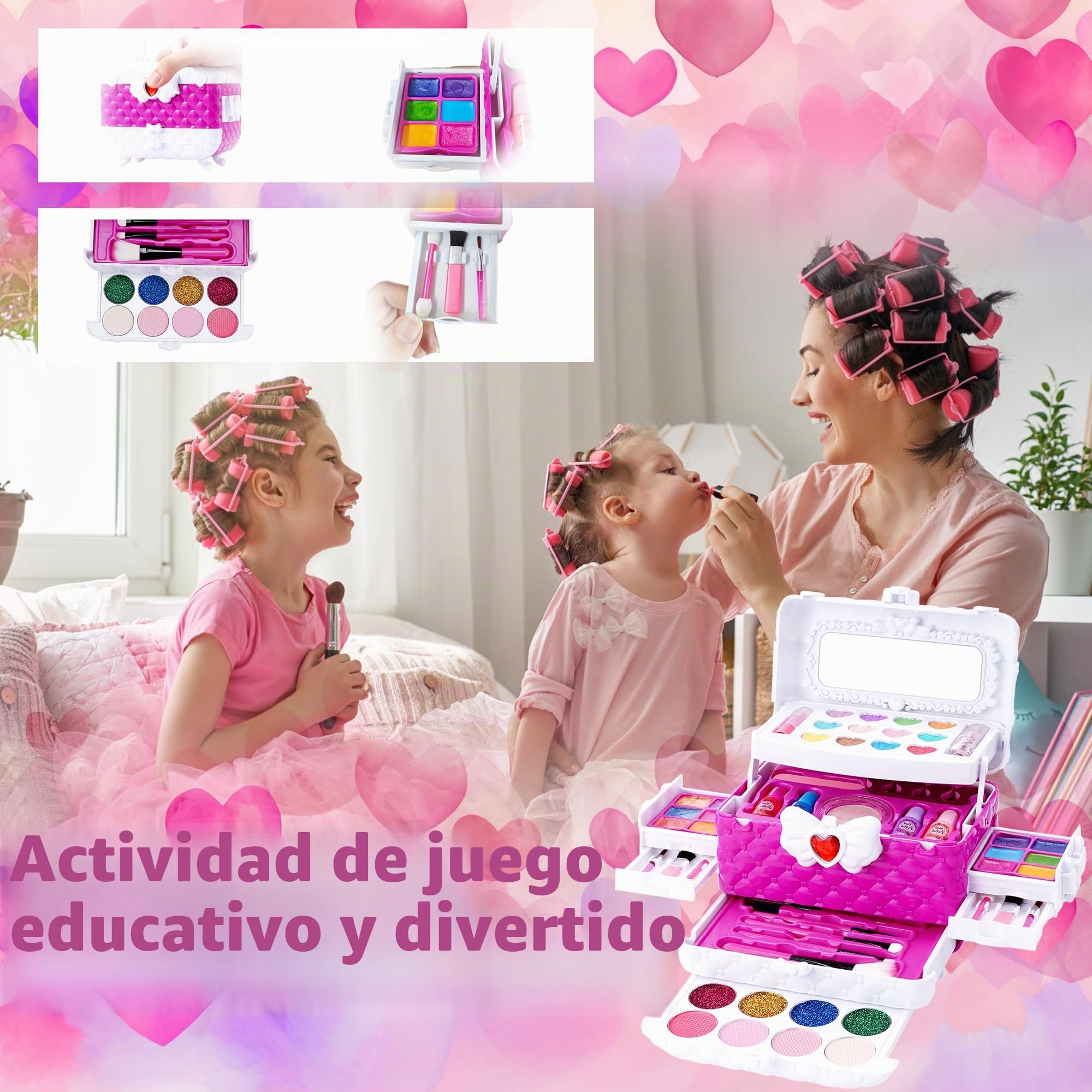 Set de maquillaje para niños de 53 piezas, juego de maquillaje para niñas, set de maquillaje no tóxico y lavable, set de regalo de maquillaje, juego de rol para Navidad y Halloween, maletín de