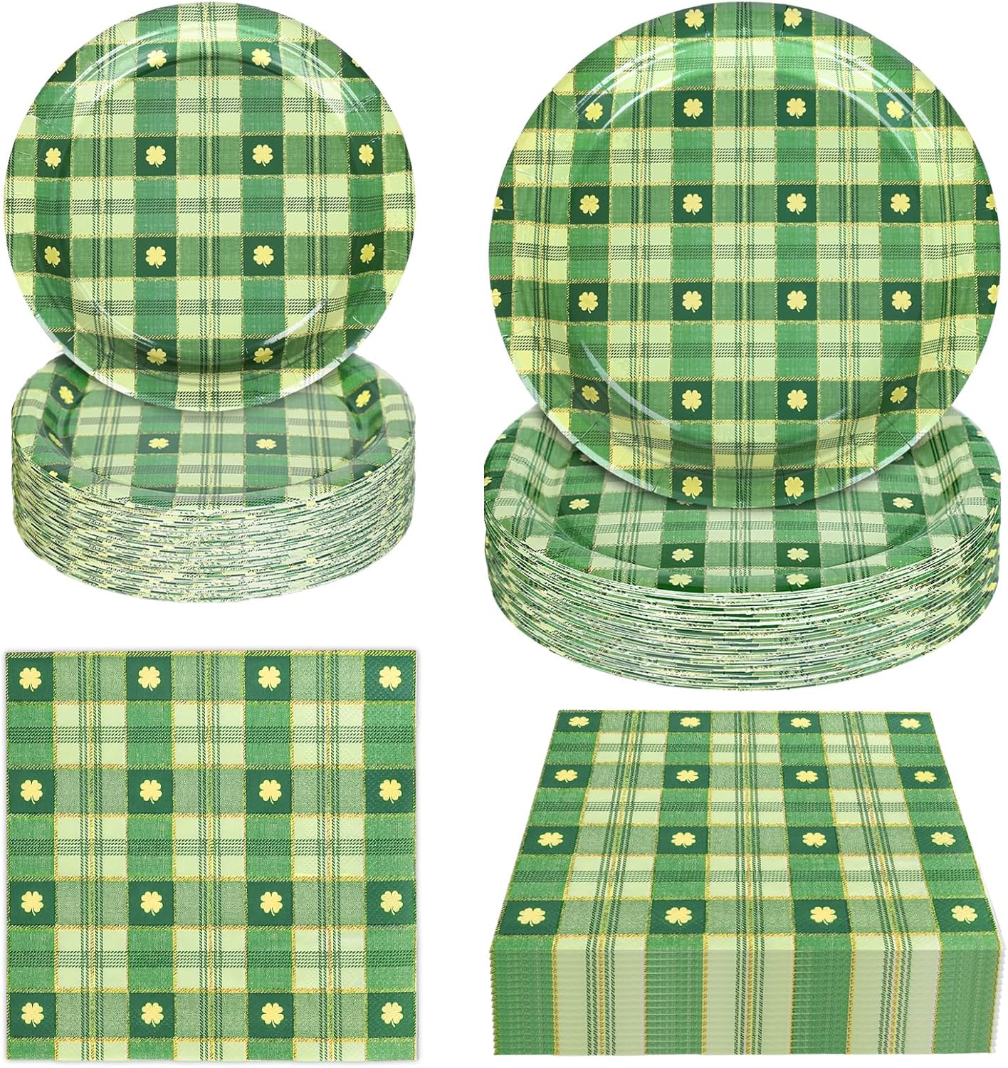 72 Pcs Retro St. Patrick's Day Tableware Set Green Shamrock Clover Plaid Disposable Paper Plates and Napkins for 24 Guests Irish Holiday Party Table Supplies