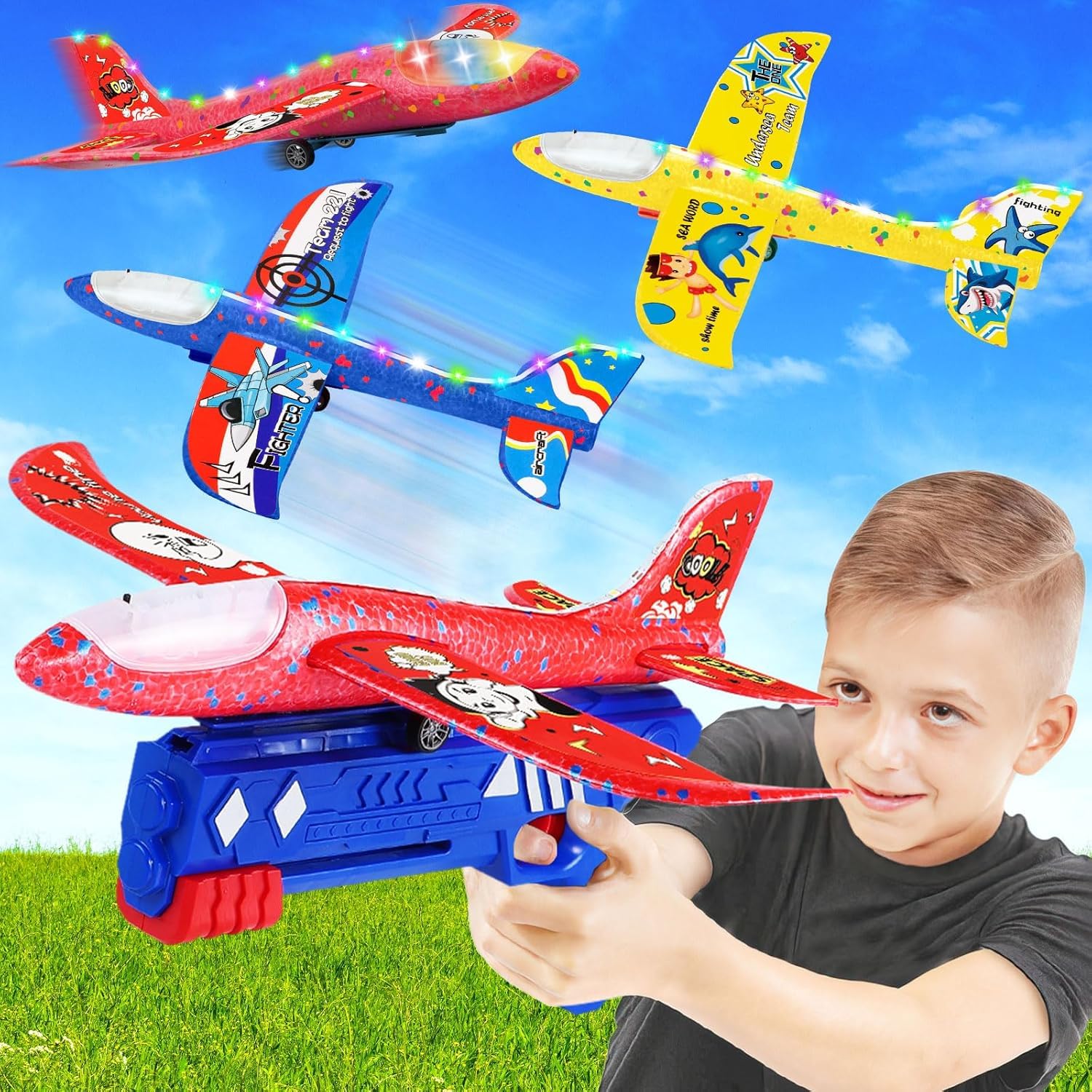 Flugzeug Spielzeug, 3 Stück Styroporflieger mit Katapult Pistole, Beleuchteter Flugzeugrumpf, Fugzeug Styropor Outdoor Spiele für Kinder, Outdoor Spielzeug Junge Mädche 3 4 5 6 7 8 9 Jahre