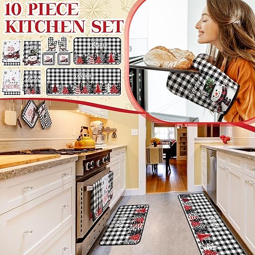 Miniatura 2 de Juego de 10 piezas de decoración de cocina navideña, 4 paños de cocina a cuadros blancos y negros, 2 soportes para ollas de granja, 2 guantes de