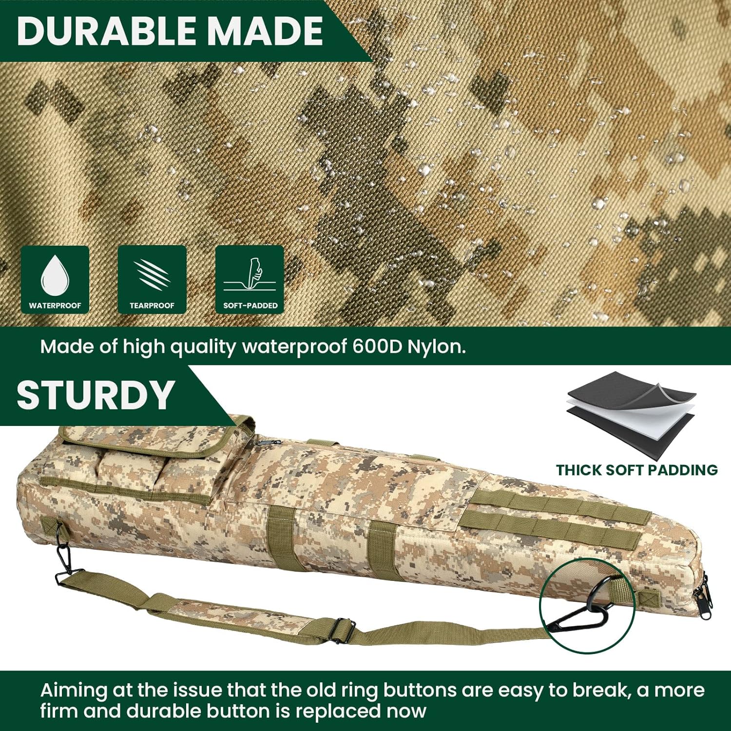 HUNTSEN Soft Double Rifle Case 38" 42" 46" 52" Long Rifle Bag with Padded Handle - Adjustable Sling Dual Lockable Zippers, Multiple Pouches Outdoor Accessory Bags