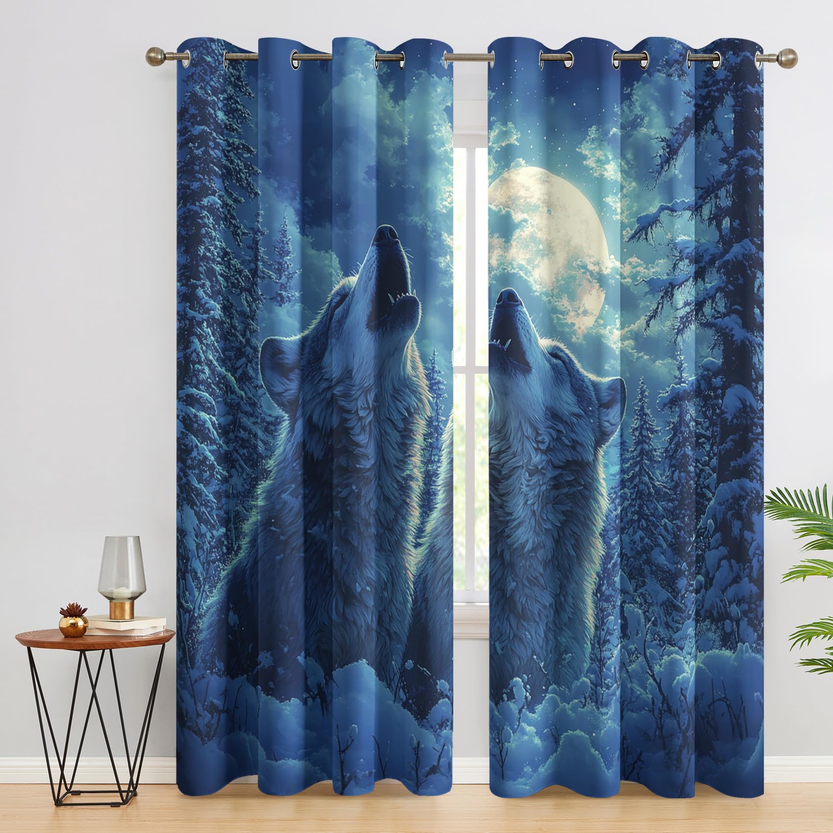 Générique Rideau Occultant Loup Hurlant, Rideaux Motif 3D Animaux Sauvages, Rideau Thermique Isolant à Oeillets, Rideaux Fenetre Imprimé pour Salon Chambre Décoration, Lot de 2, 140x260 cm