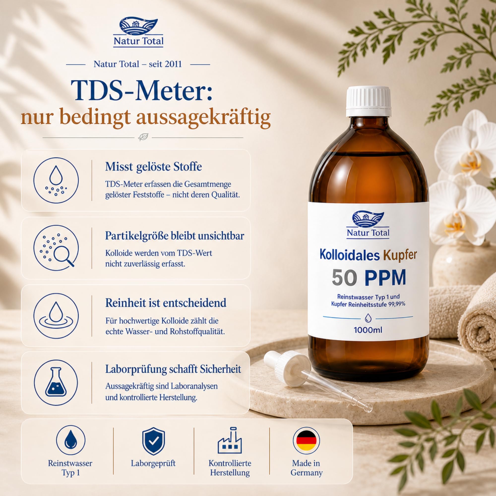 Natur Total Kolloidales Kupfer 50 PPM 1000ml XL-Flasche | Apotheker-Braunglas | Reinstwasser Typ 1 | 99,99% Kupfer | Hochreine Kolloid-Lösung | Ionic-Pulser-Verfahren | Made in Germany seit 2011