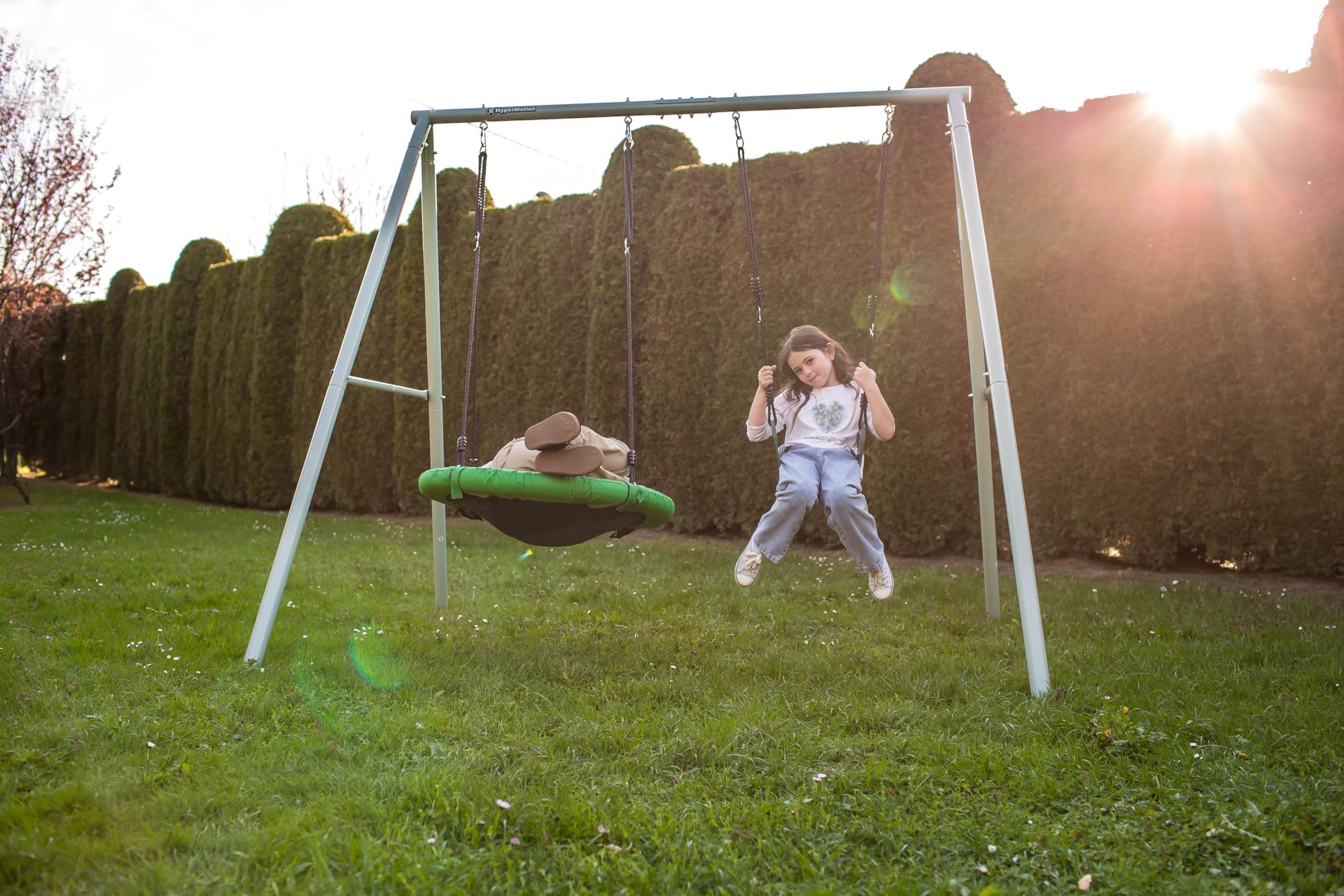 HyperMotion Columpio Infantil Doble para Jardín Exterior - Asiento y Nido de Cigüeña Ajustable con Estructura en A - para 2-3 Niños, Carga 200kg, Resistente UV
