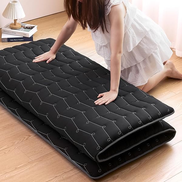 Premium Foam 3.2" Thick Japanese Futon Floor Mattress - Queen Size 60"x80" 100% High-Density Foam,Comfortable Sleeping Pad,Tatami Mat for Dorm,Bedroom or Guest Room，Boys Girls Dormitory Pads(Black)