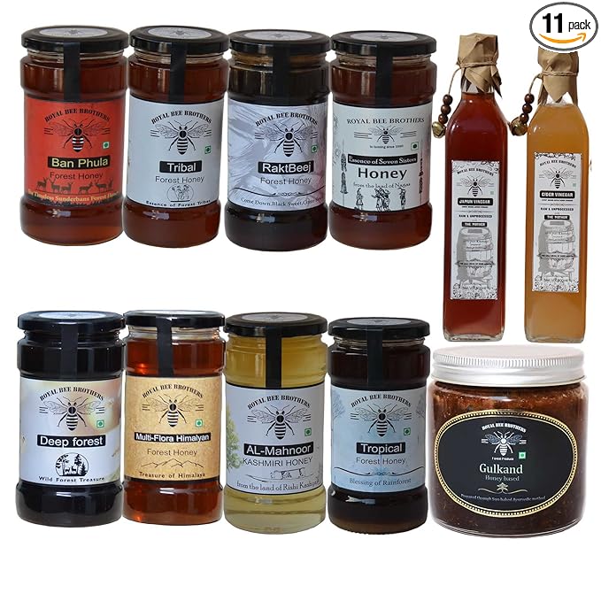 Royal Bee Brothers, Mega Combo of Eight Type of Forest Honey, Gulkand-Honey based, Cider Vinegar & Jamun Vinegar-Honey based | 100% Natural & Raw