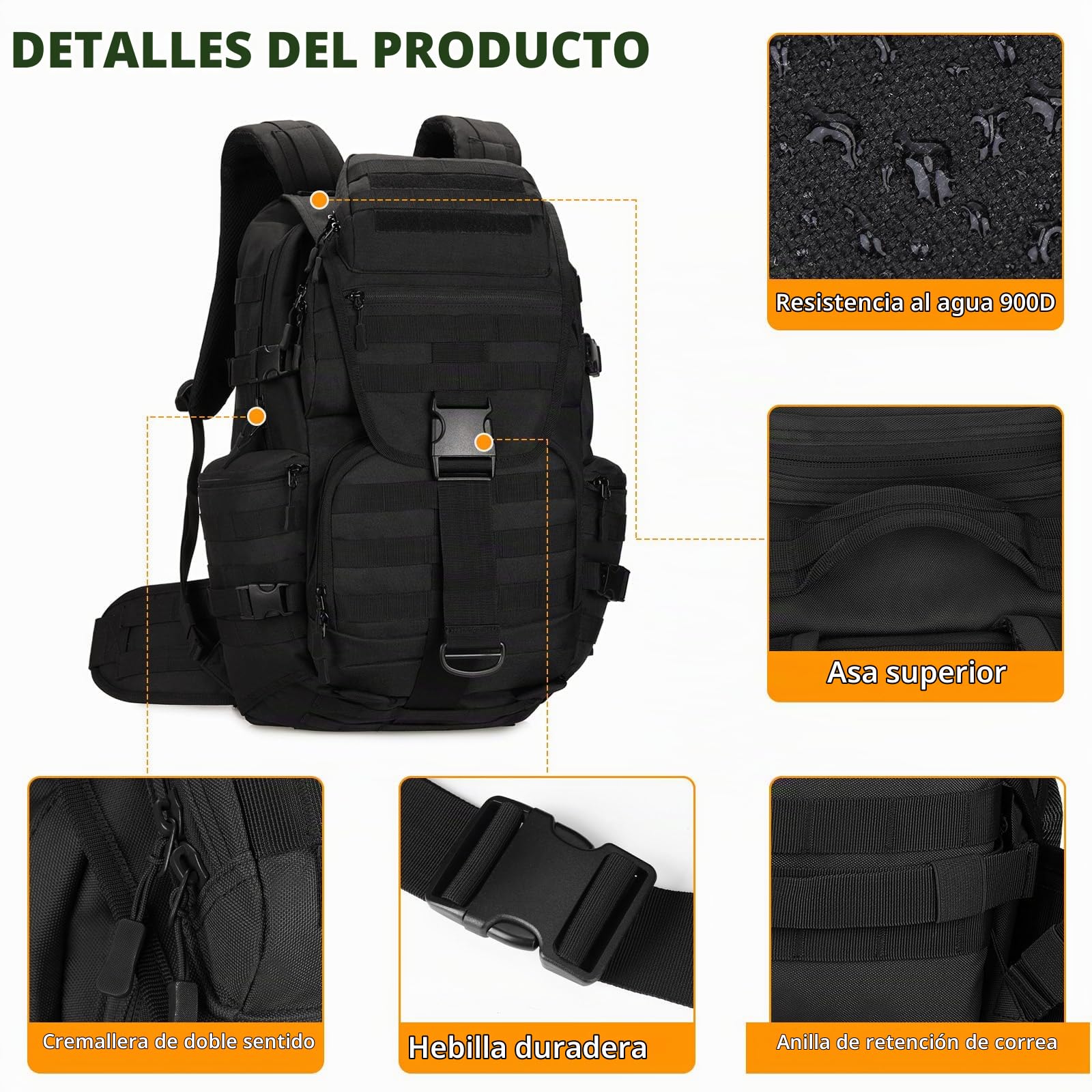 HUNTVP 50L Mochila Táctica Grande Mochila de Asalto 900D Nylon Militar Assault Pack MOLLE Impermeable para Hombre Caza Al Aire Libre Ciclismo Senderismo