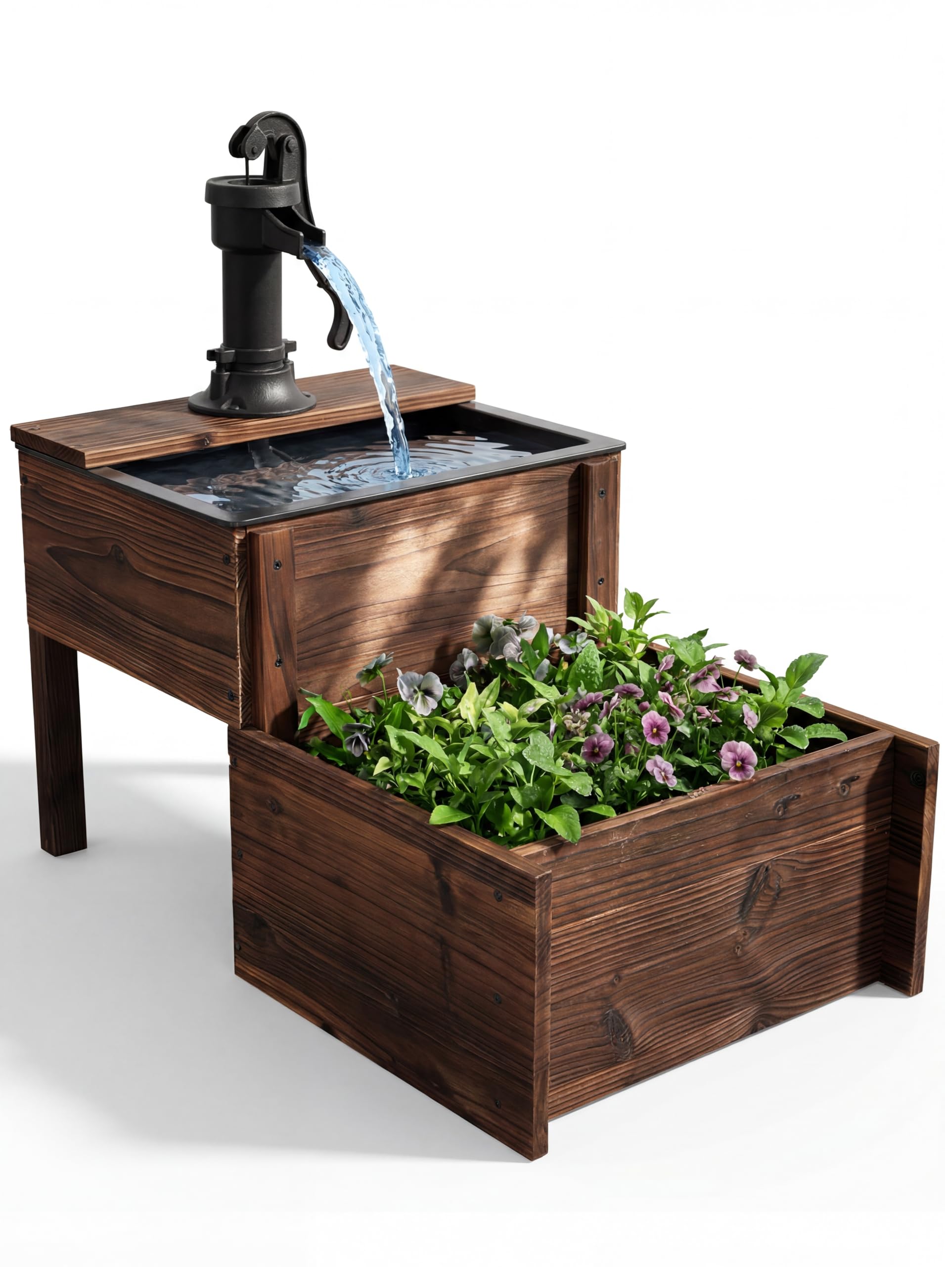 Photo 1 of Borsynium,Outdoor Water Fountain?Floor Wooden Rectangular Double-Layer Old-Fashioned Pump Fountain with Flower Box?Plug-in Electric Decorative Hand Pump,Outdoor Water Feature for Garden Patio Backyard