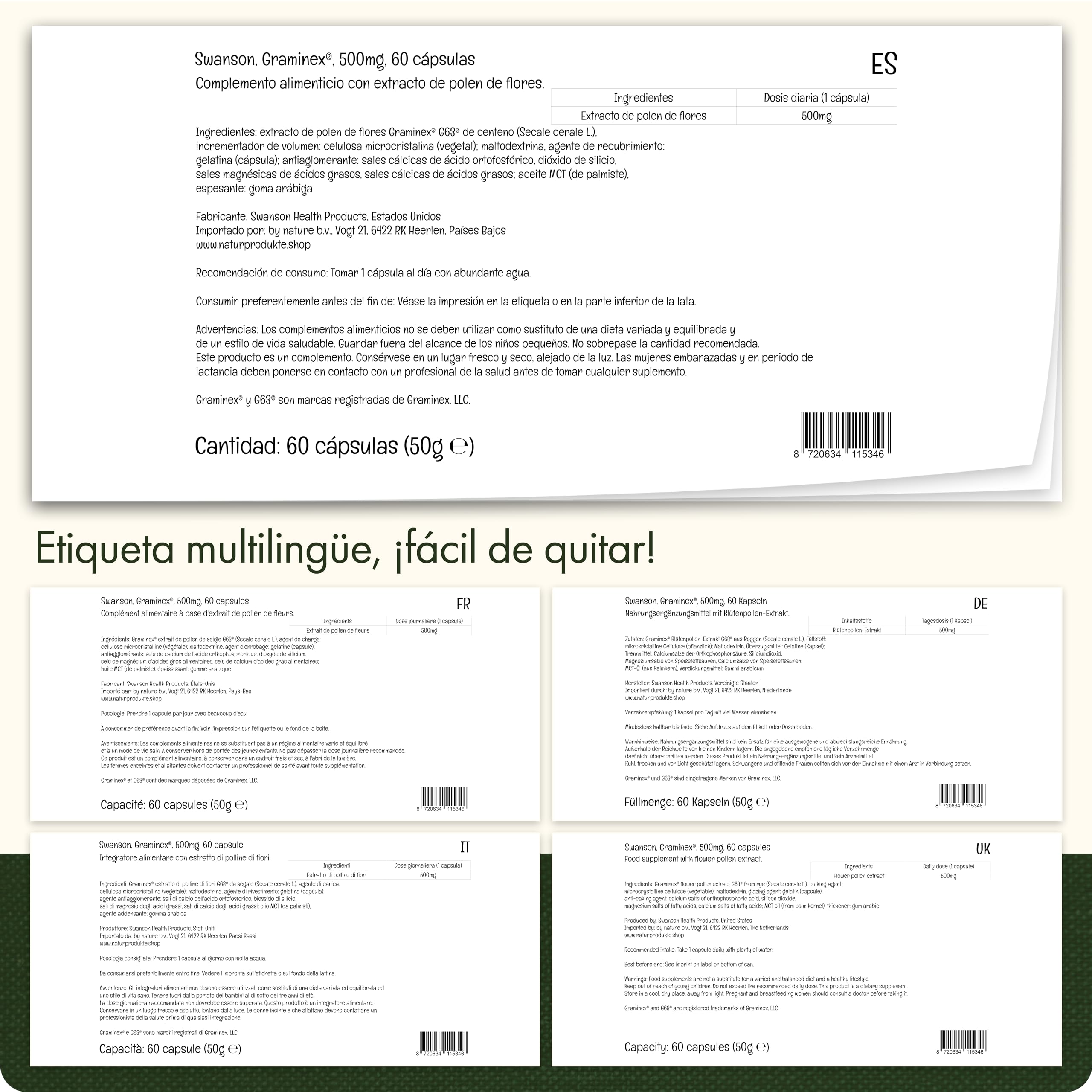 Swanson, Graminex Flower Pollen Extract (Extracto de Polen de Flores), 500mg, de Centeno, 60 Cápsulas, Alta Dosis, Probado en Laboratorio, Sin Soja, Sin Gluten, No GMO