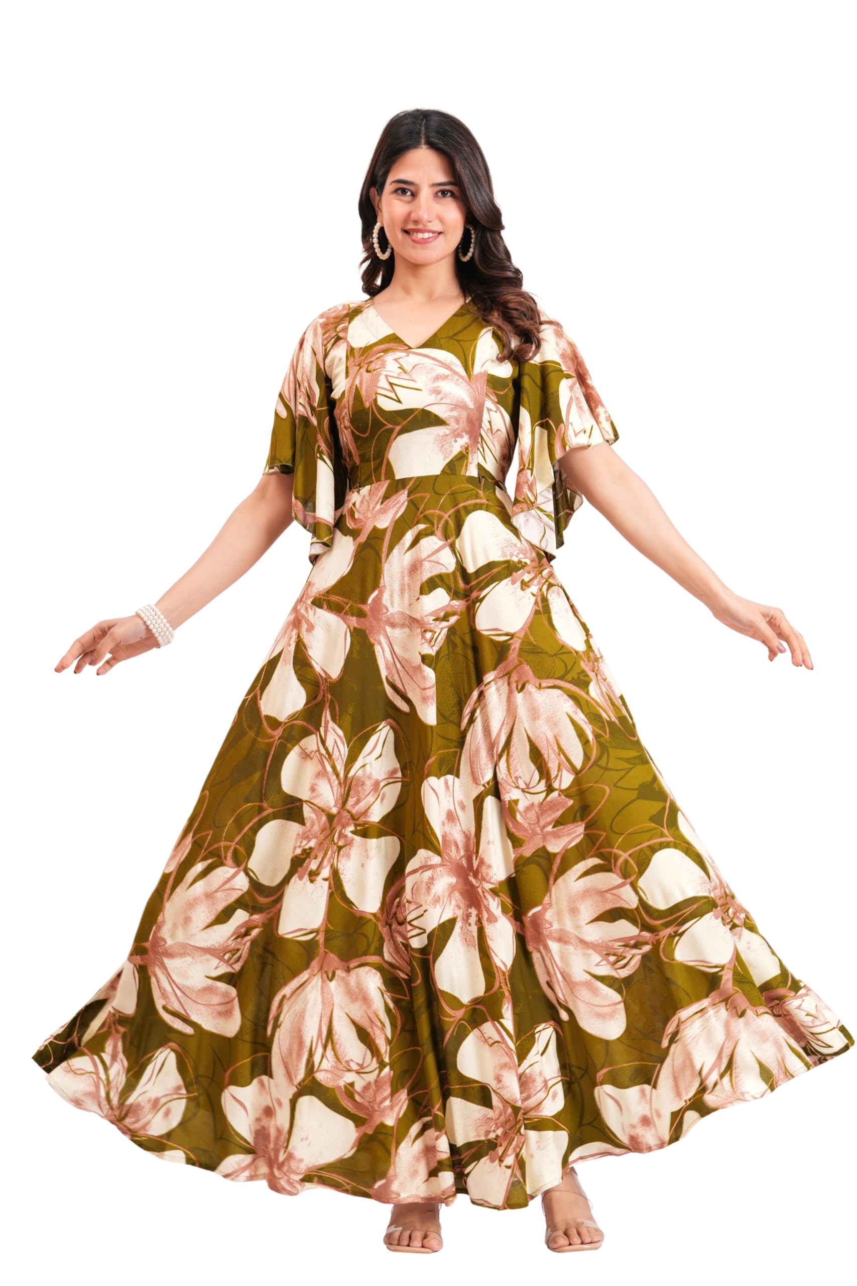 Floral Rayon Maternity & Nursing Maxi Kurta with Foil Print, Kaftan Sleeve, Hidden Zipper, Empire Waist, A-Line-image-47