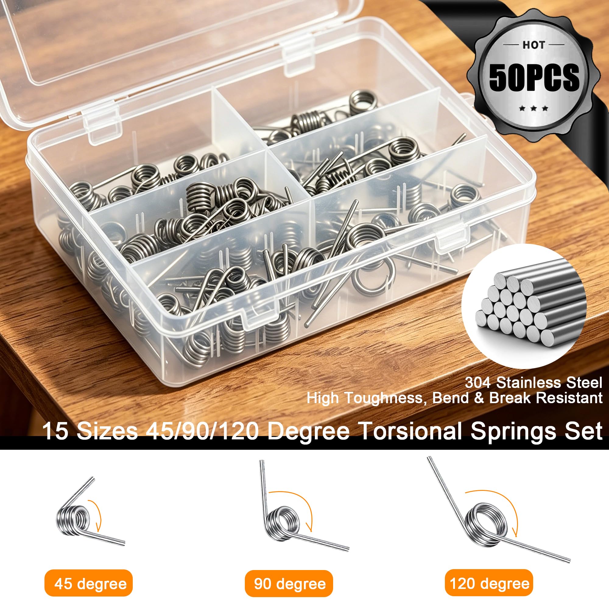 Dianrui 50 PCS Torsional Springs Assortment Kit, 45/90/120 Degree