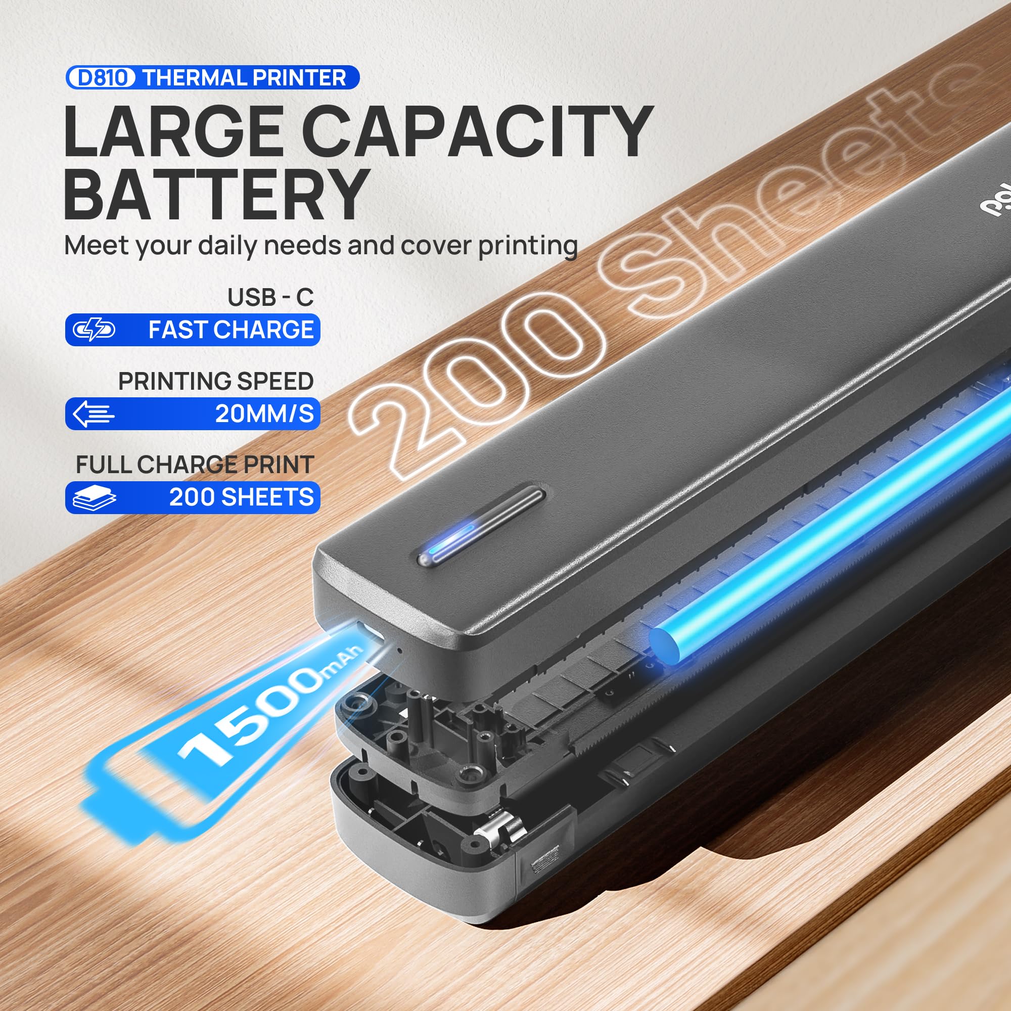 POLONO Impresora térmica A4 inalámbrica, aplicación Smart AI, impresora móvil A4 para viajes, 8,5 x 11 pulgadas, impresora portátil compatible con iOS, Android, portátil para oficina, coche, hogar