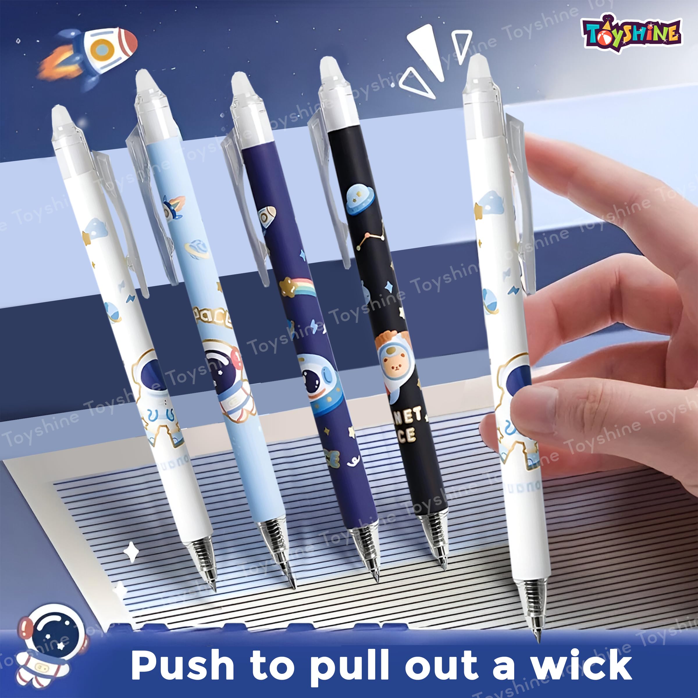 Toyshine 12 Pc Astronaut Theme Stylish Retractable 0.5mm Erasable Gel Pen, Blue Ink | Smooth Writing | Refillable Gel Pen | Kawaii Stationery for Kids Birthday Party Return Gift 4