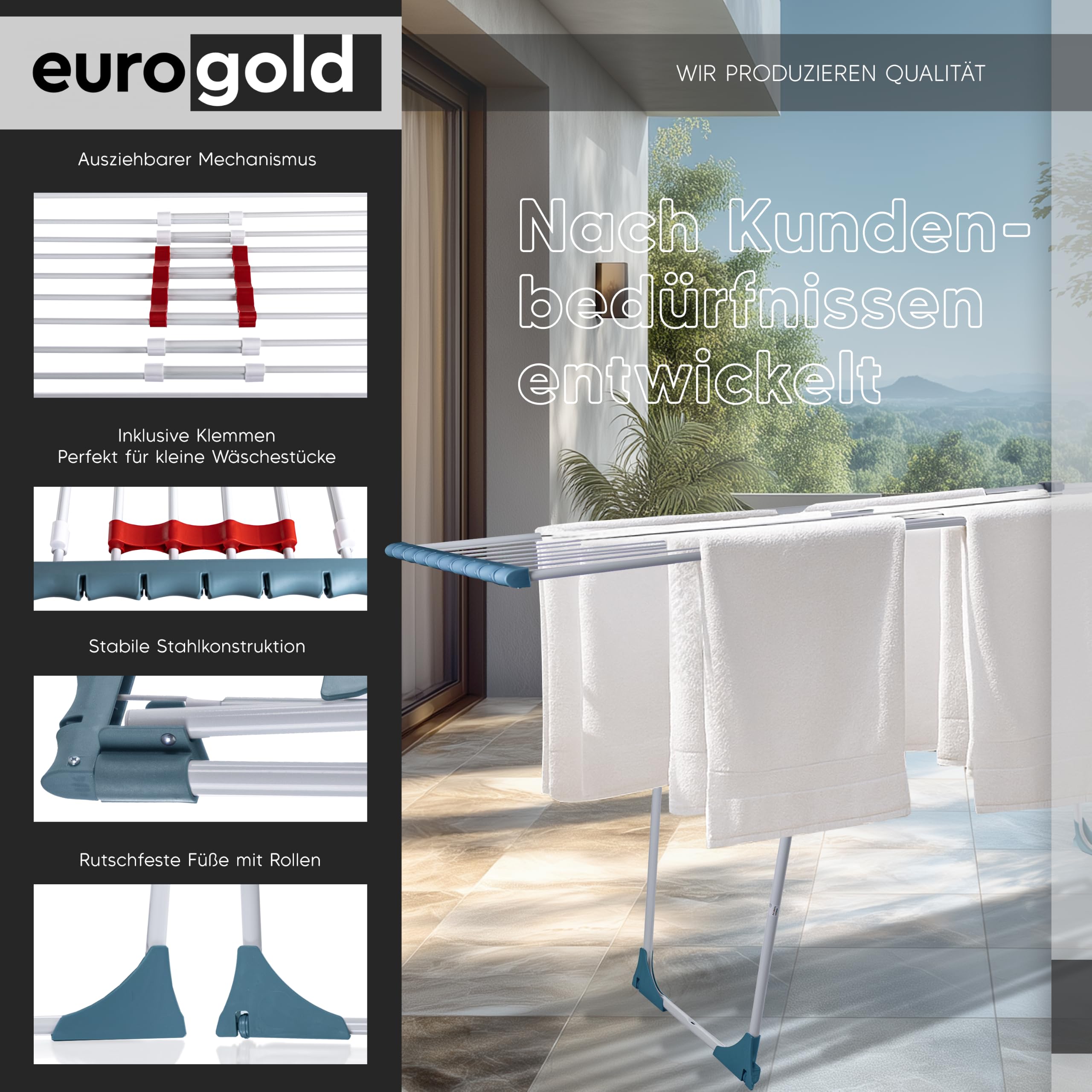 EUROGOLD Wäscheständer Ausziehbar 20m, Trockenständer für Bettwäsche Weiß | Stabiler Wäscheständer Klappbar ohne Querstrebe, Großer Trockenständer für Bettwäsche, Balkon, Garten & Zuhause