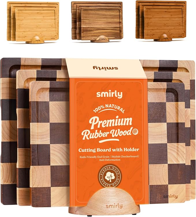 SMIRLY Wood Cutting Boards for Kitchen Wooden Chopping Board Set Reversible with Deep Juice Grooves Grip Handles, Large Charcuterie Tray for Home Kitchen, Rubber Wood, 3Pcs with Holder