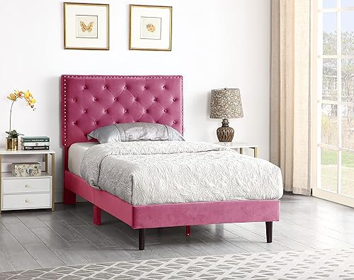 Base de cama de plataforma tapizada individual con cabecero ajustable de 48 pulgadas de alto, cama de terciopelo de gamuza copetuda con botones,